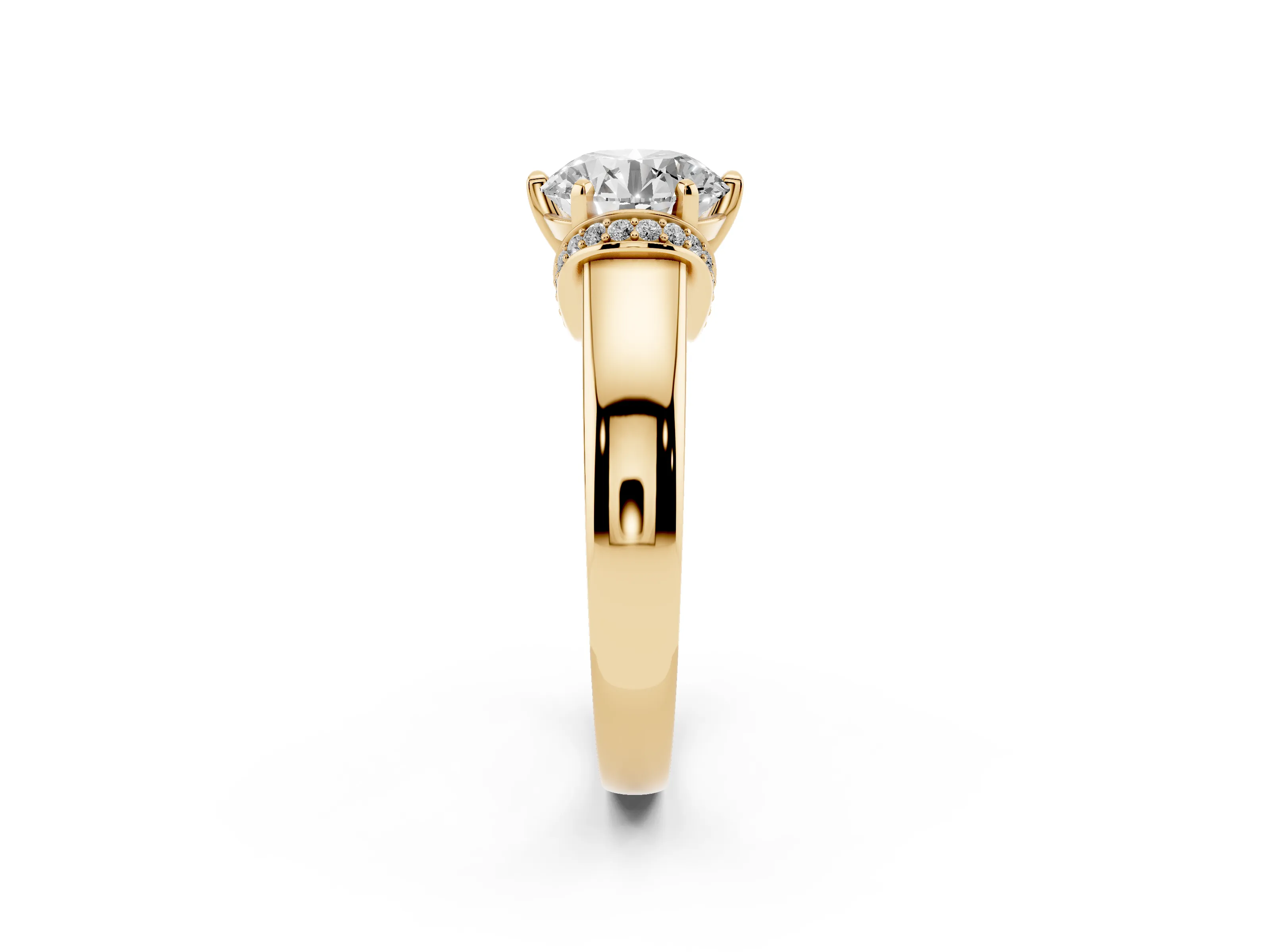 Round Cut Diamond Pavé Band Solitaire Ring Set in Yellow gold with Prong Setting