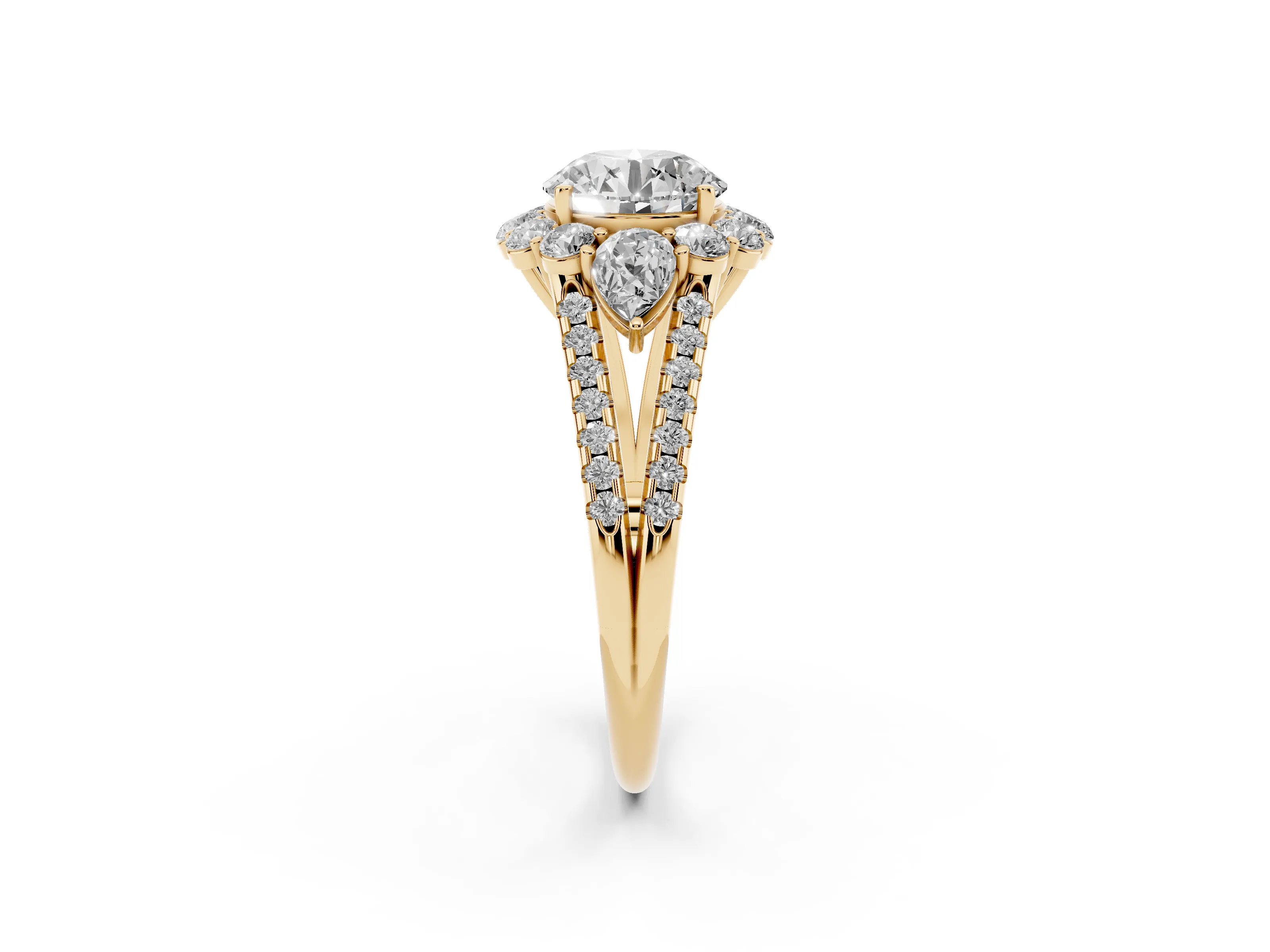 Round Cut Diamond Halo Split Shank Engagement Ring Set in Yellow gold with Prong-Held Center Stone