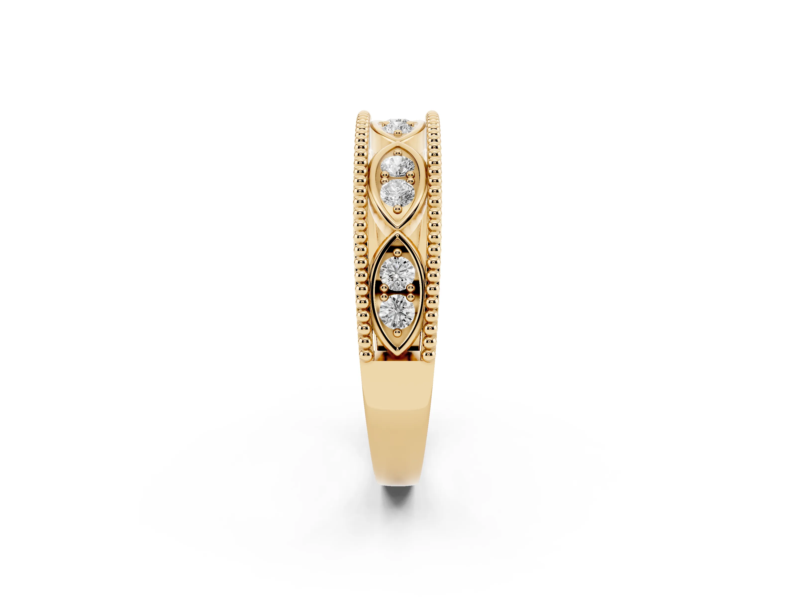 Round Diamond Marquise Shape Band Set in Yellow gold with Milgrain Detail and Prong Setting