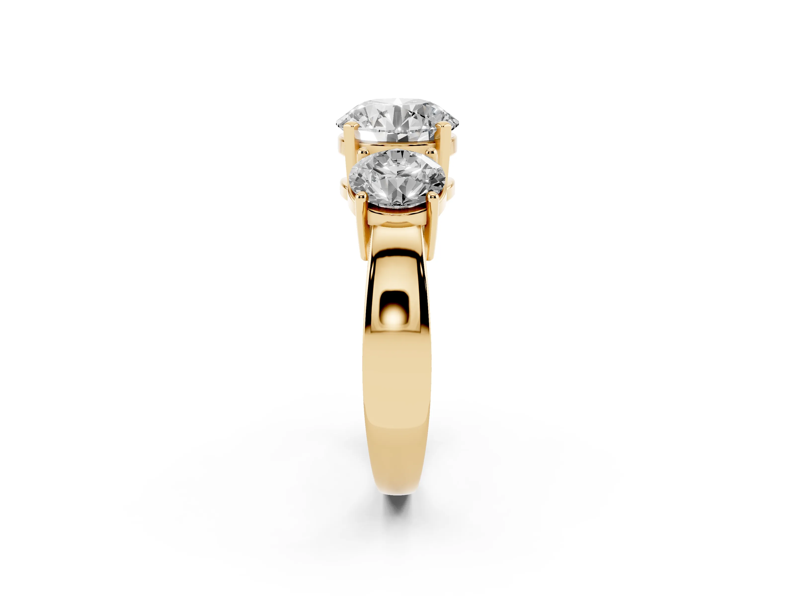 Round Cut Diamond Three-Stone Ring Set in Yellow gold with Round Side Stones and Classic Band