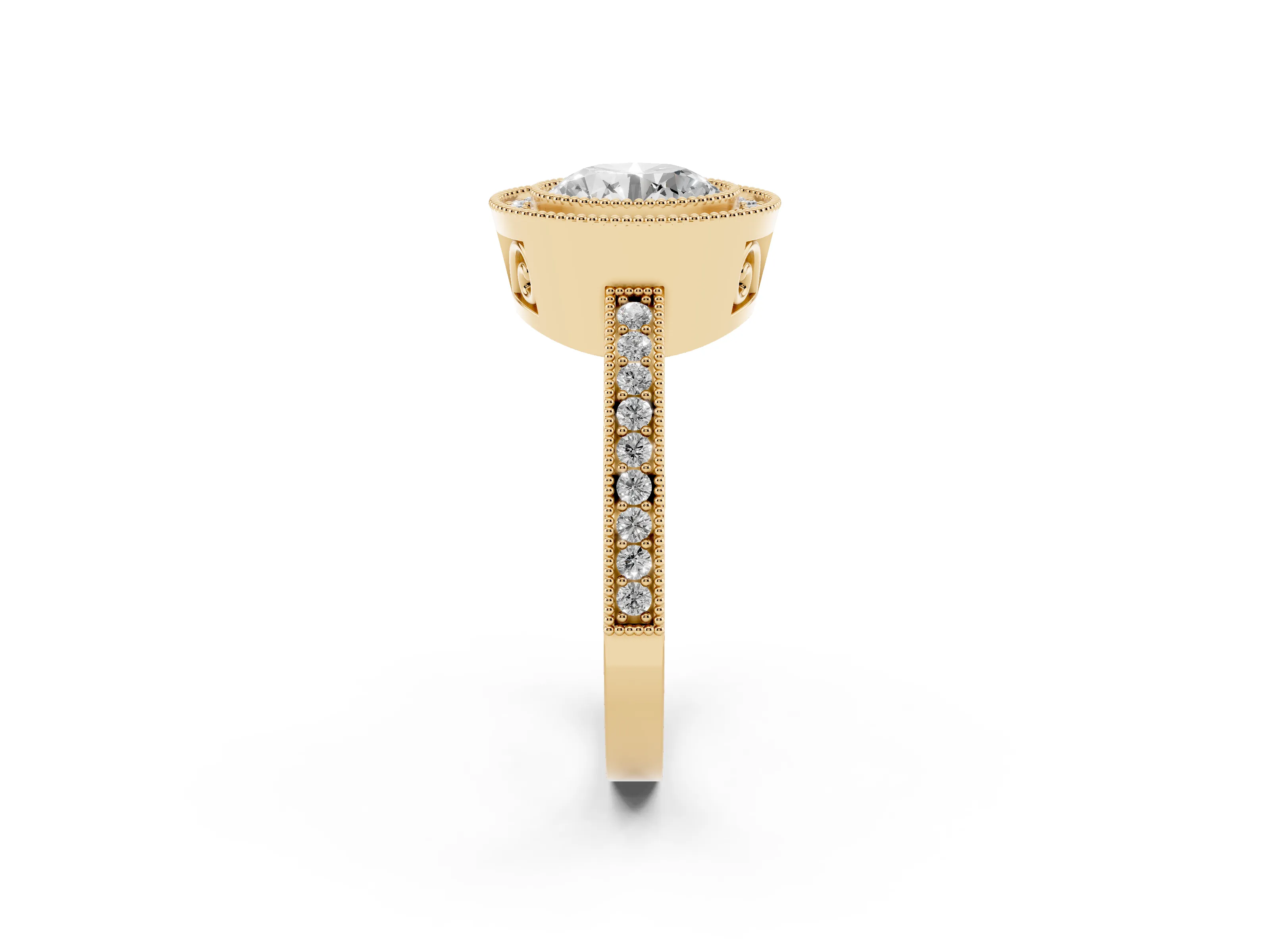 Round Cut Diamond Round Halo Ring Set in Yellow gold with Pavé Band