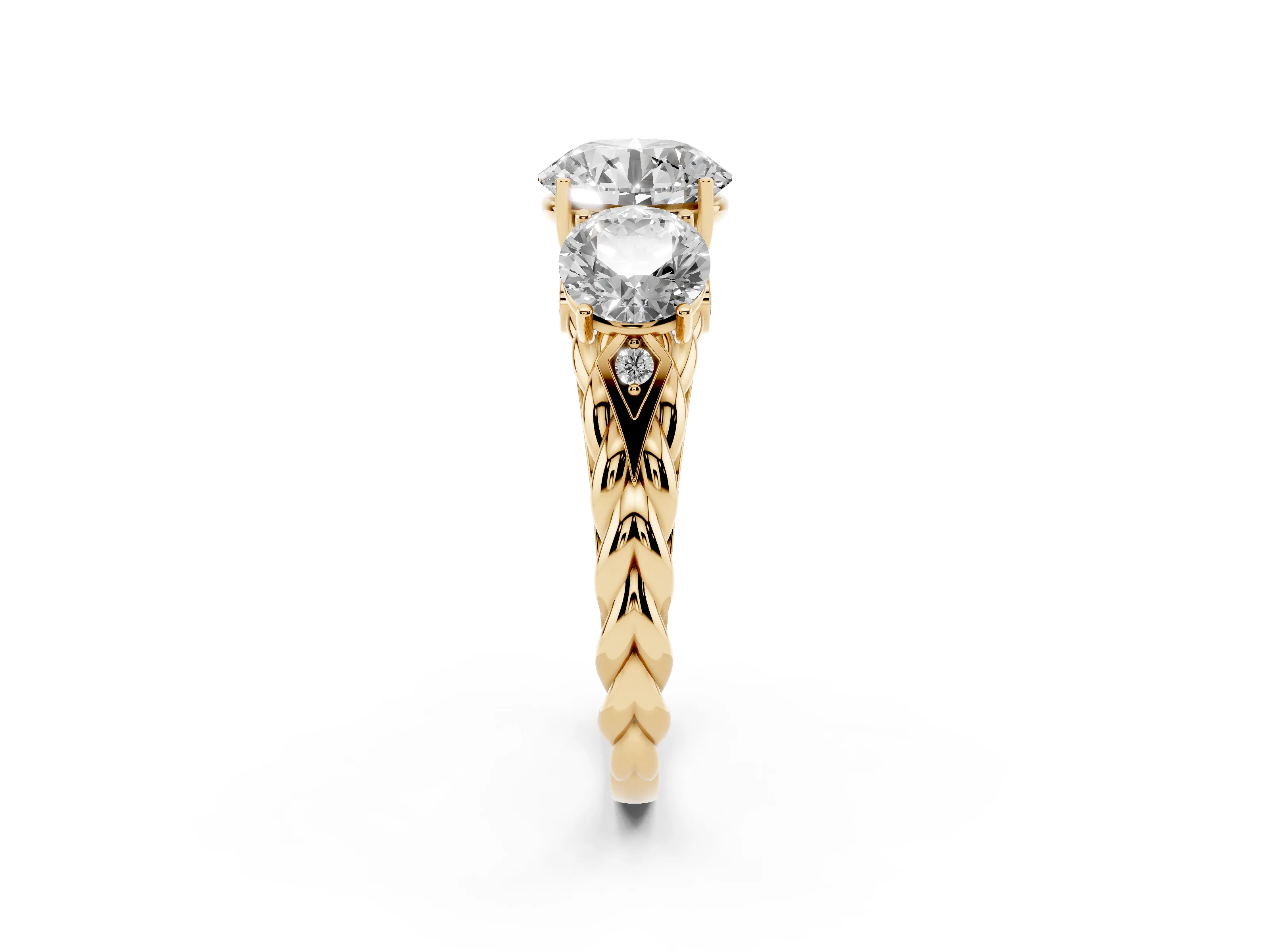 Round Cut Diamond Three-Stone Ring Set in Yellow gold with Braided Band