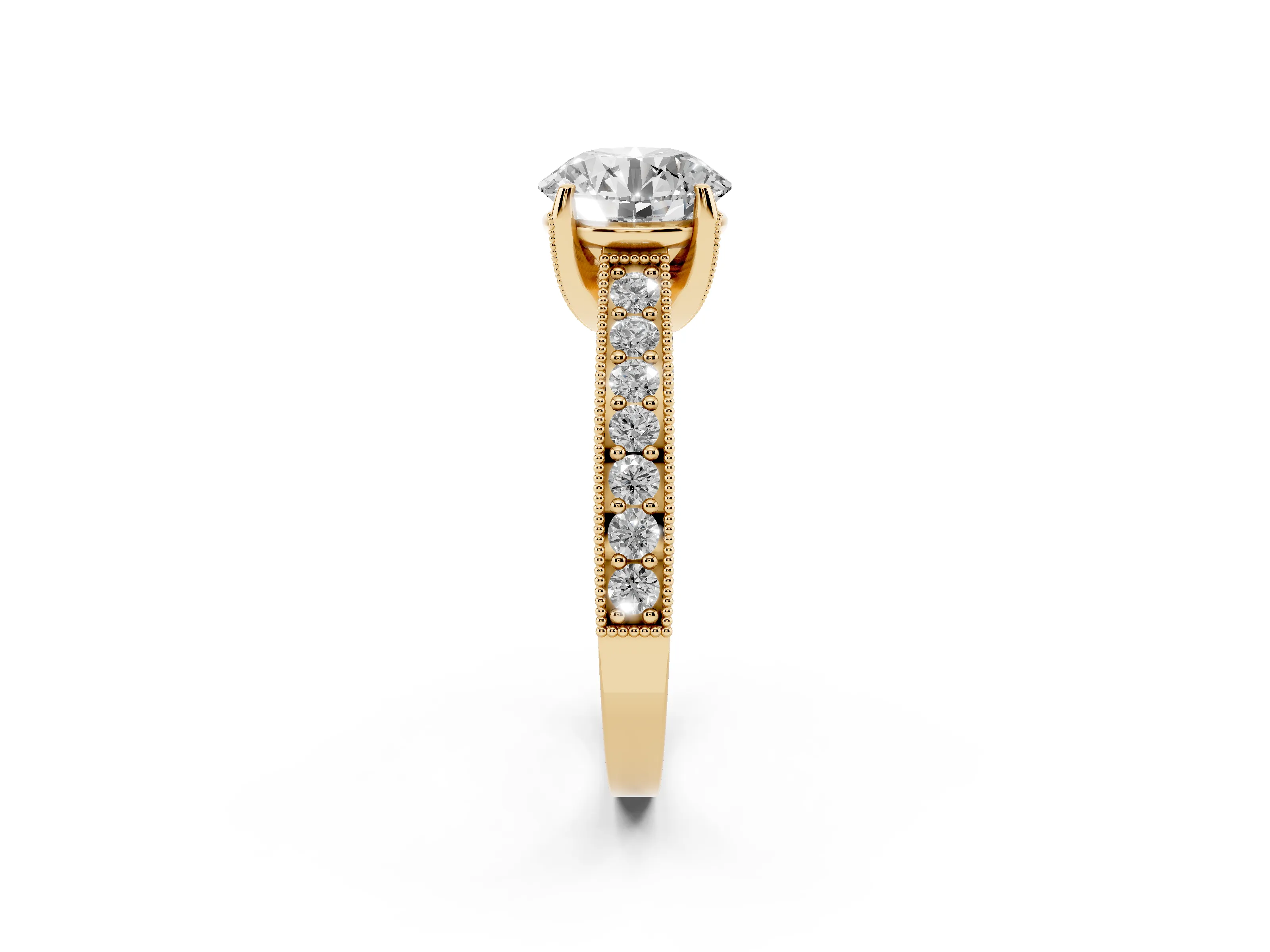 Round Cut Diamond Solitaire Ring Set in Yellow gold with Milgrain-Edged Pavé Band and Prong Setting