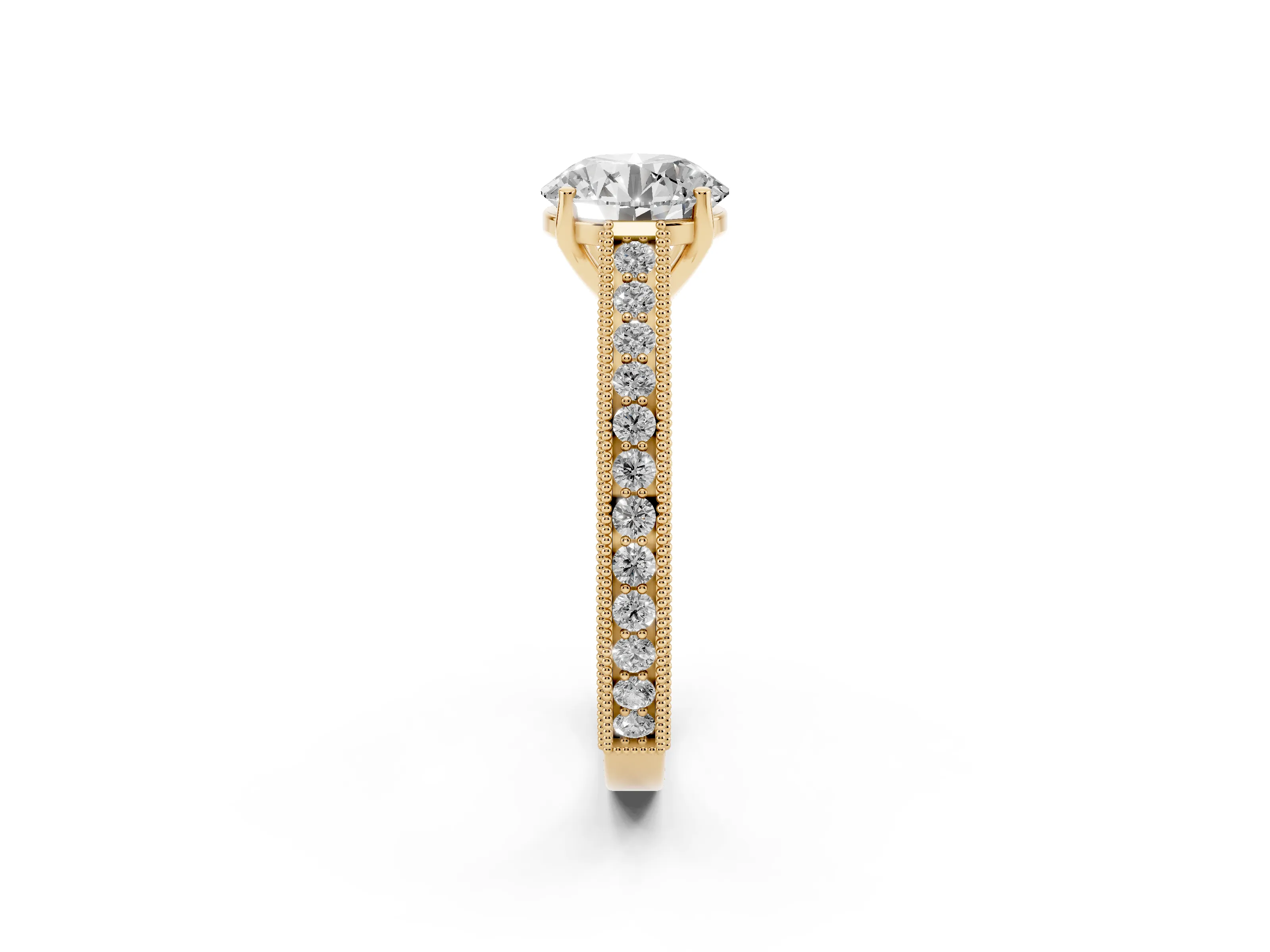 Round Cut Diamond Milgrain Pavé Band Solitaire Ring Set in Yellow gold with Prong Setting