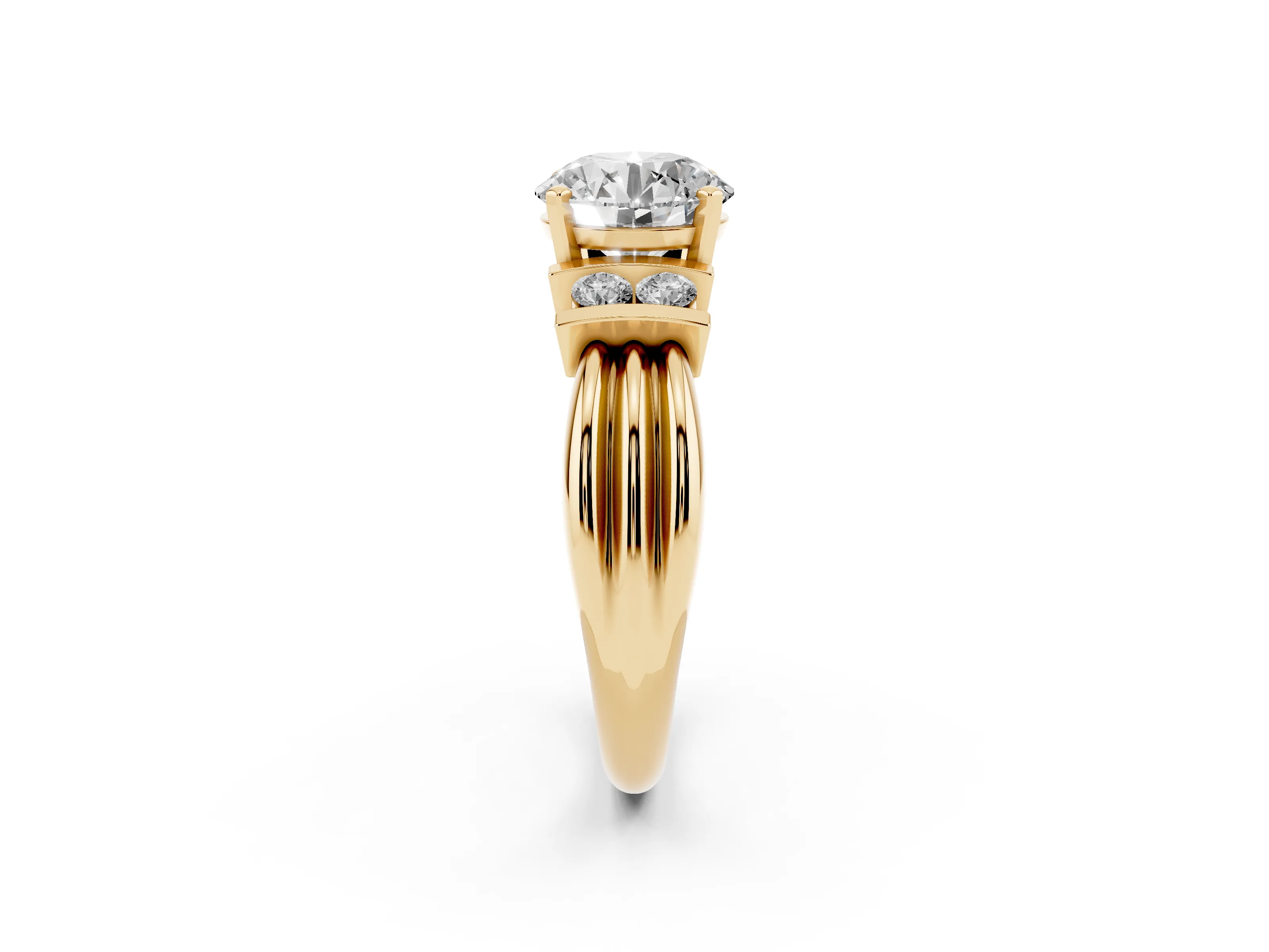 Three-Stone Round Cut Diamond Channel Set Ring Set in Yellow gold with Bar Prongs