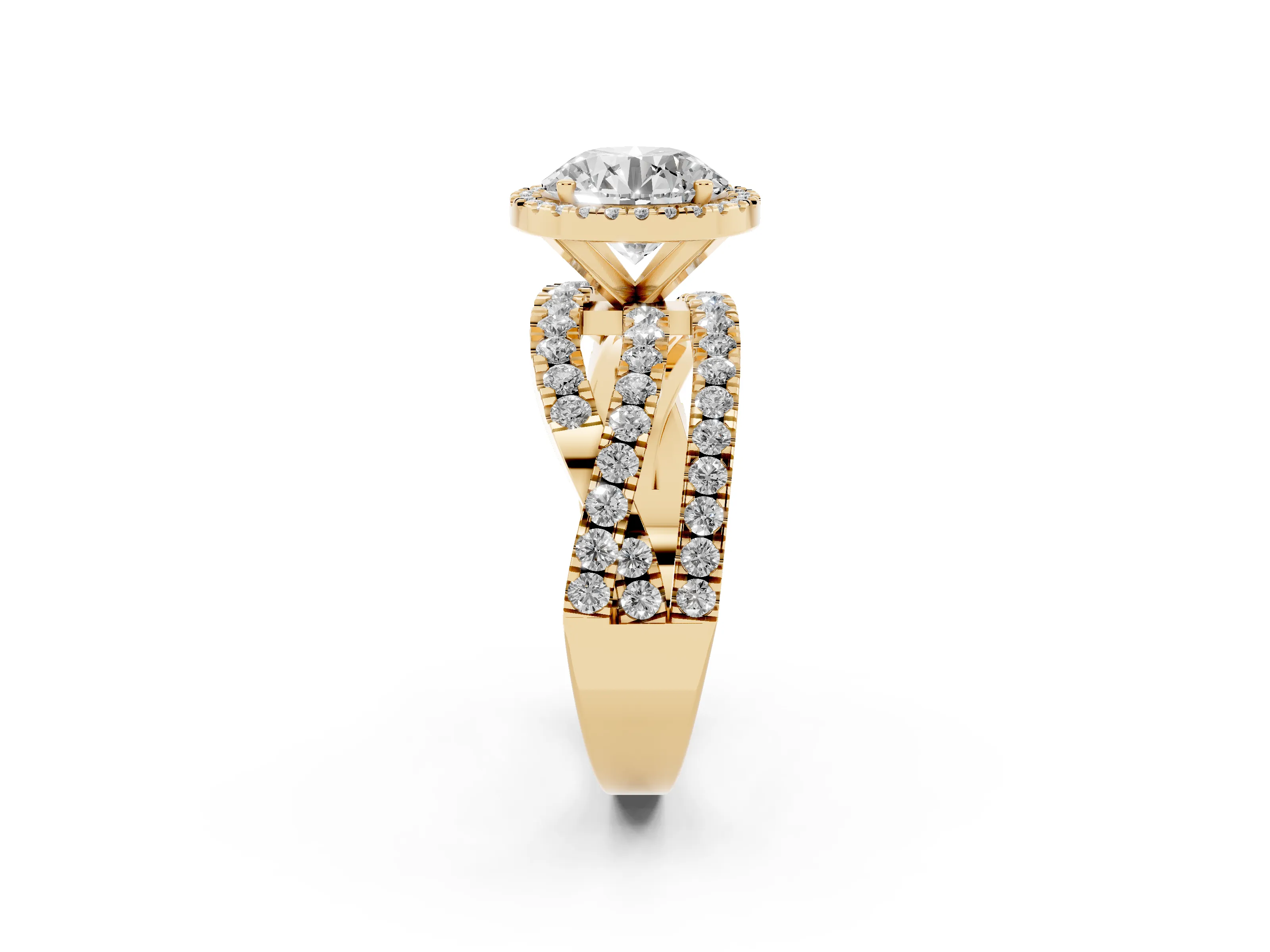 Round Cut Diamond Halo Ring Set in Yellow gold with Round Crossover Split Shank and Prong Setting