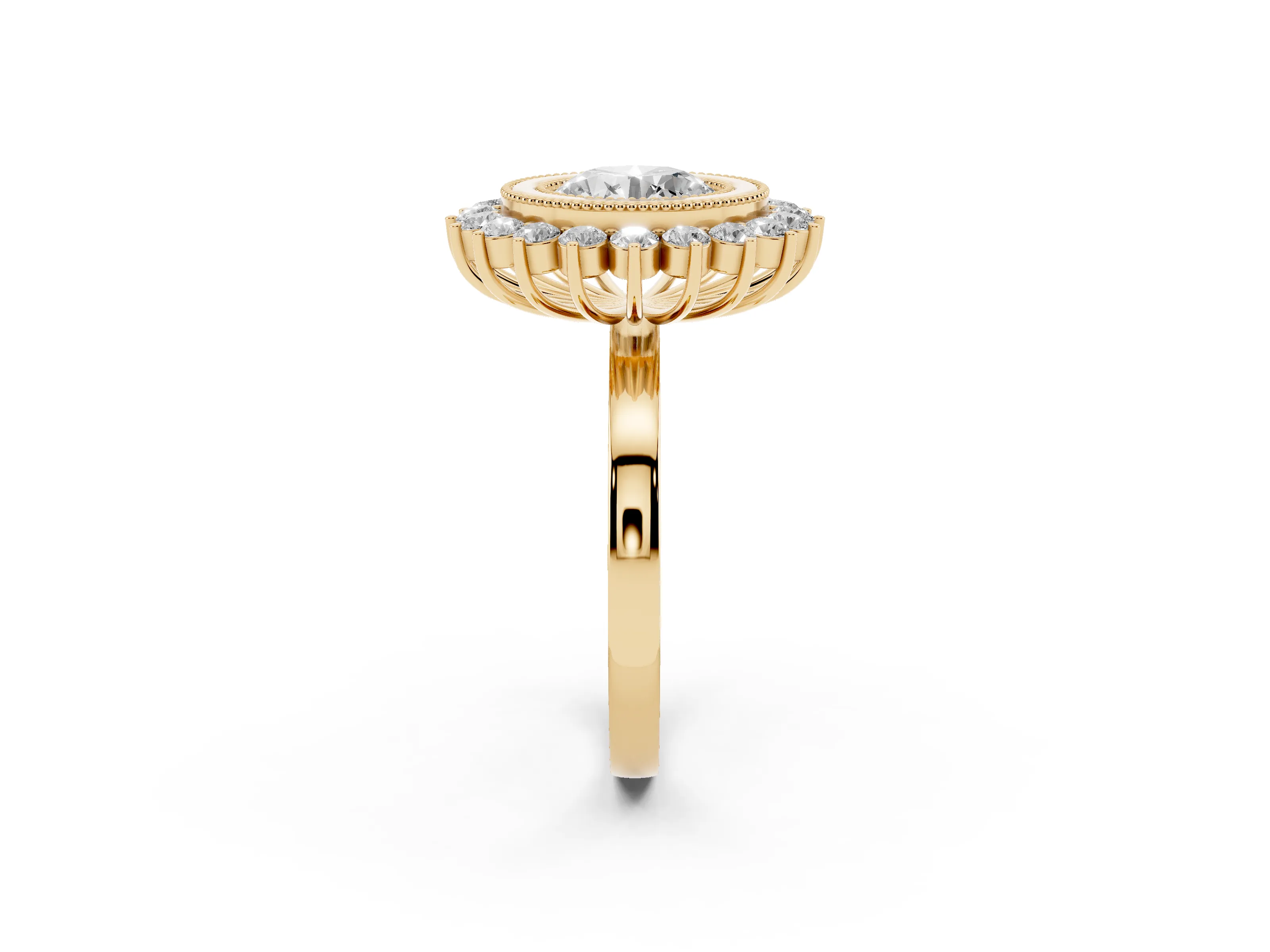 Round Cut Diamond Halo Ring Set in Yellow gold with Milgrain Edge and Round Prong Setting