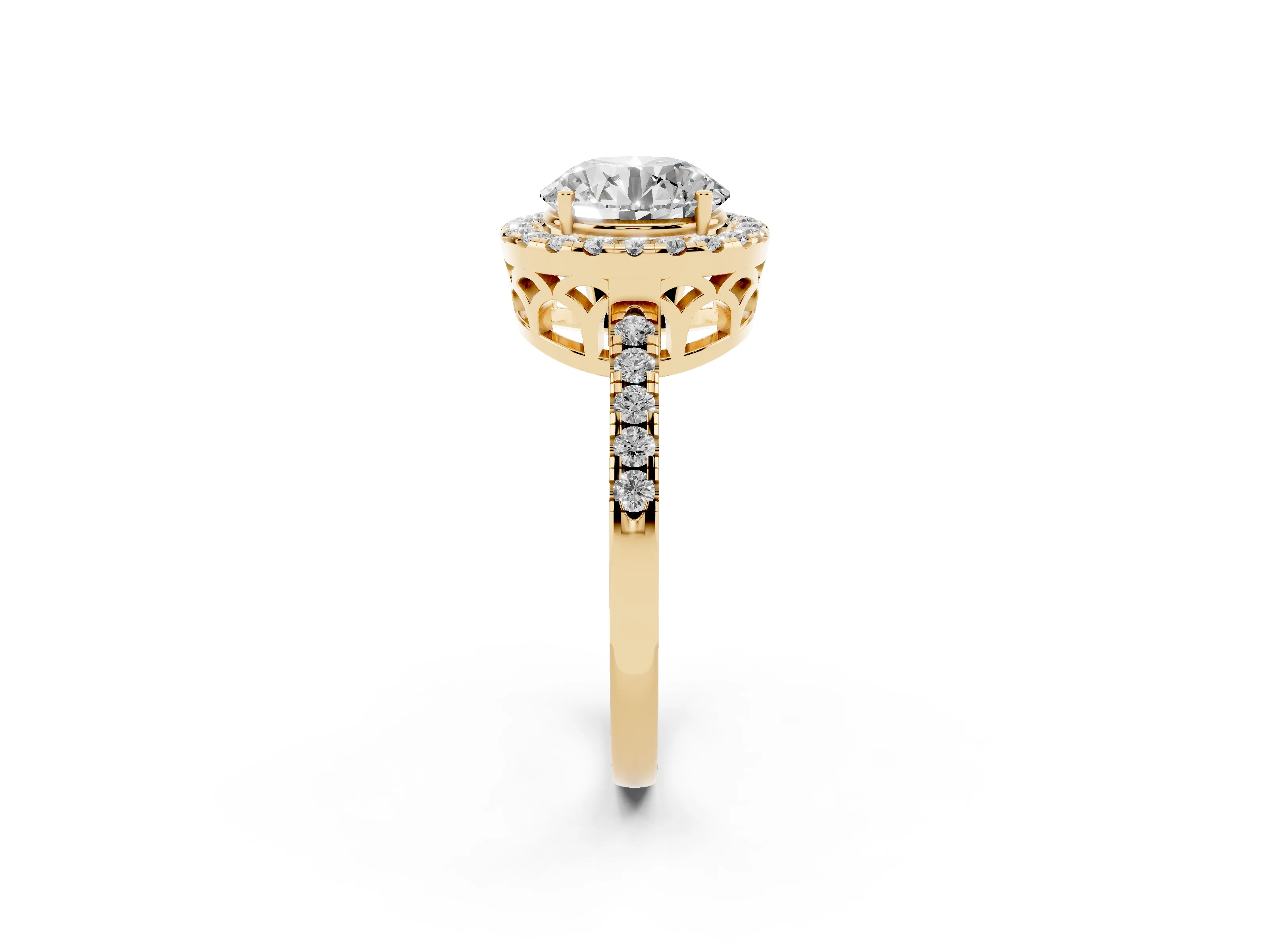 Round Cut Diamond Pavé Band Halo Engagement Ring Set in Yellow gold with Prong Setting