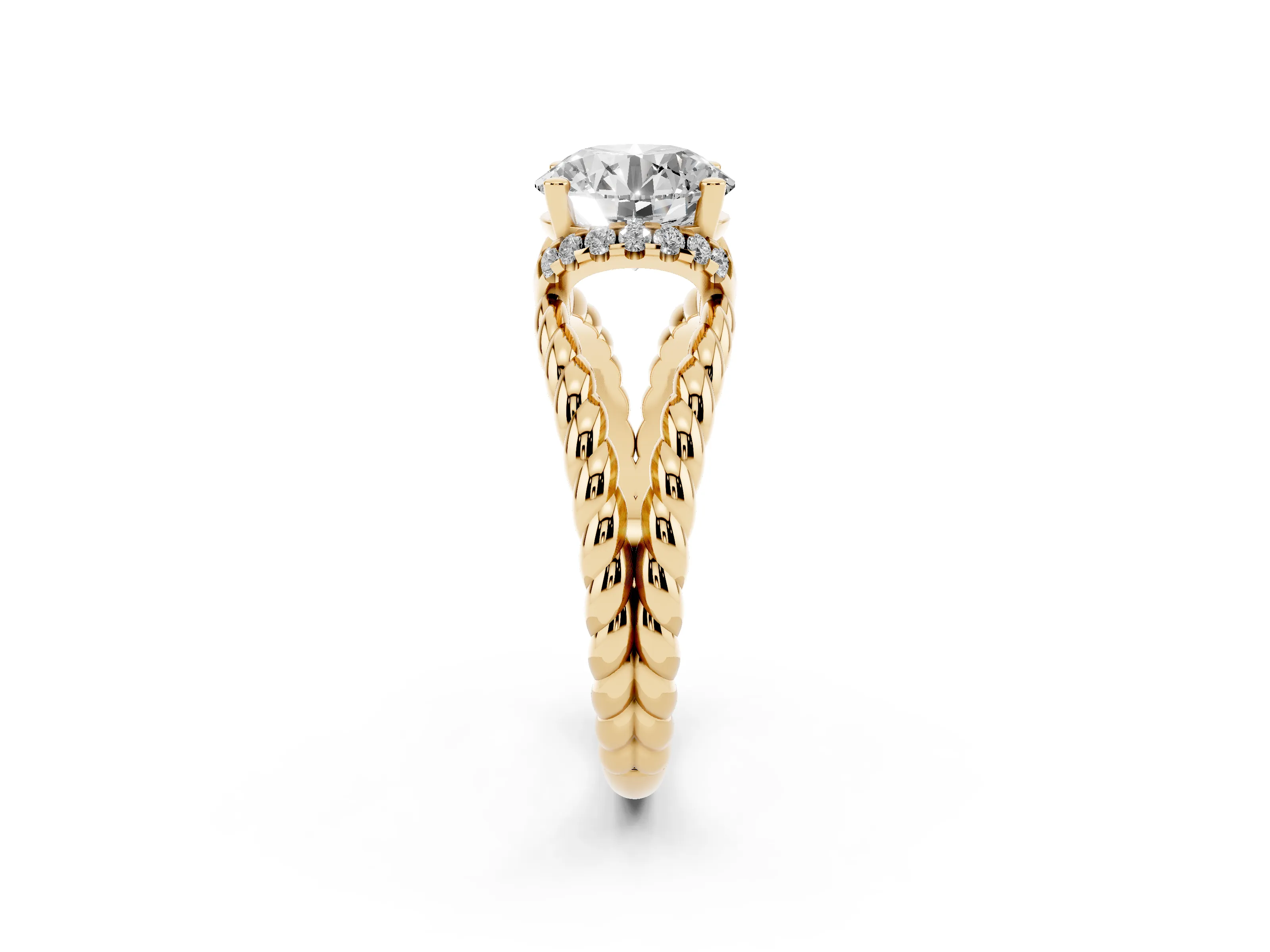 Round Cut Diamond Halo Ring Set in Yellow gold with Twisted Band and Prong Setting