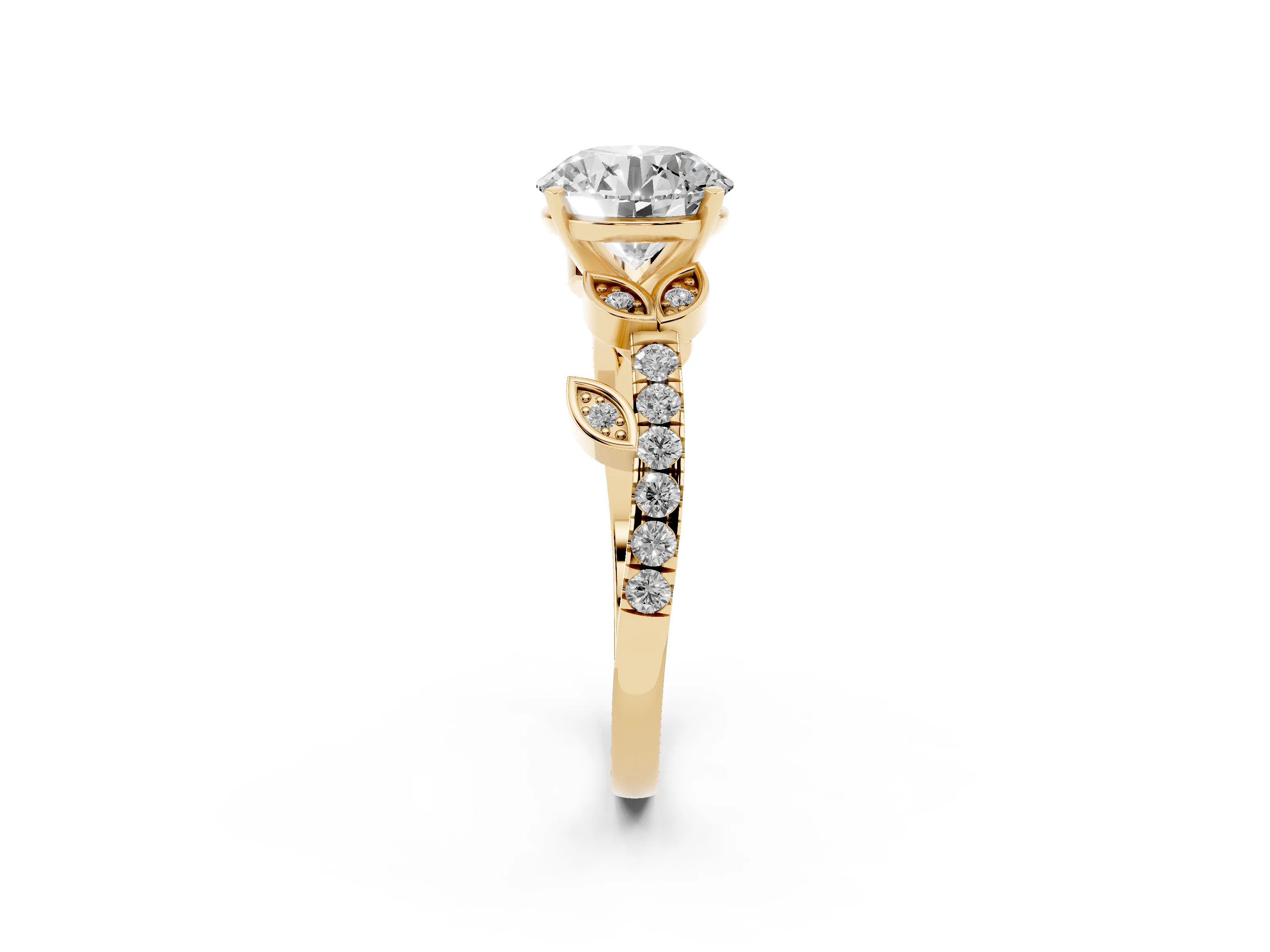 Round Cut Diamond Solitaire Leaf-Inspired Ring Set in Yellow gold with Pavé Band and Prong Setting