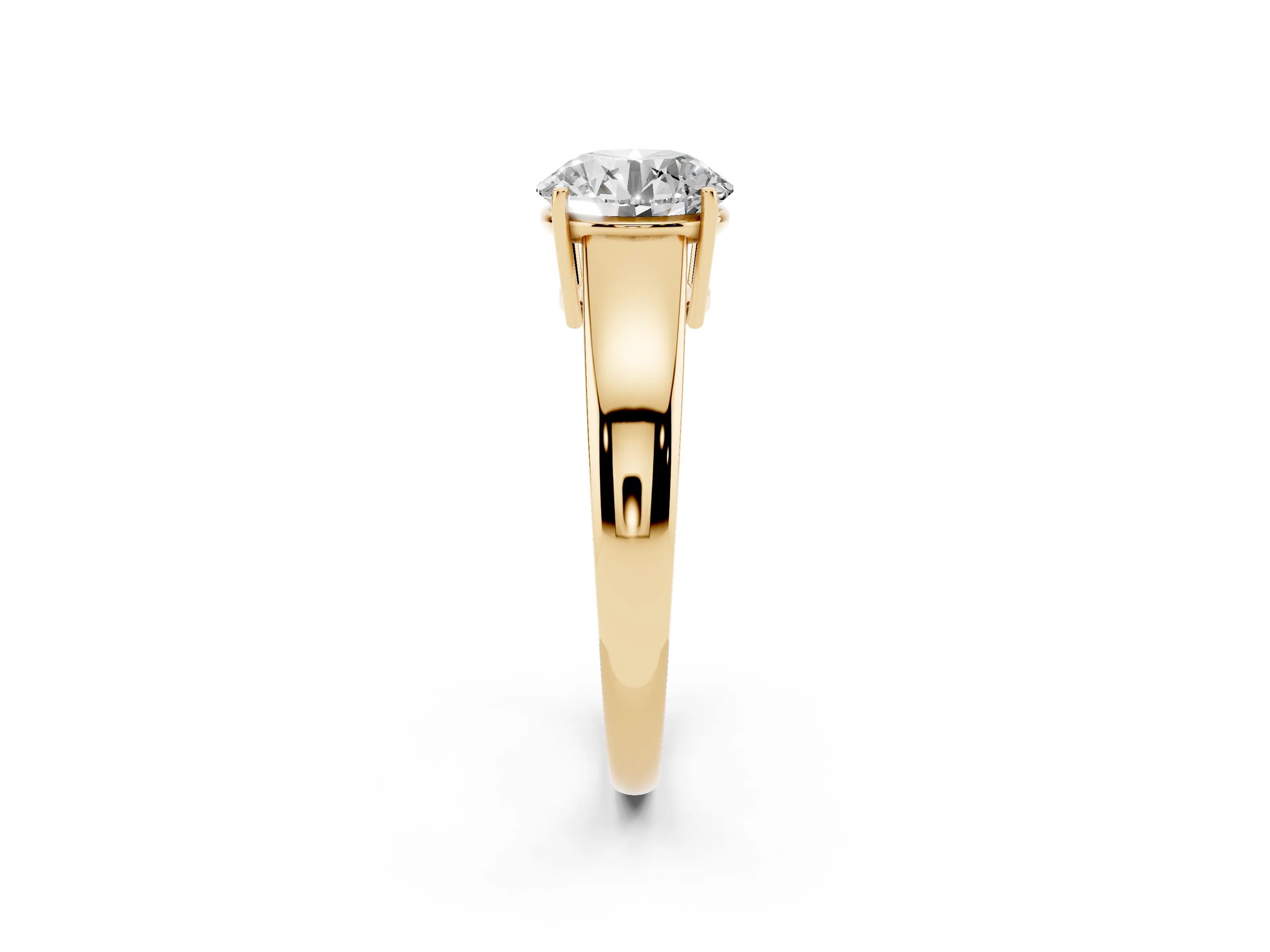 Round Cut Diamond Solitaire Ring Set in Yellow gold with Tapered Band and Prong Setting