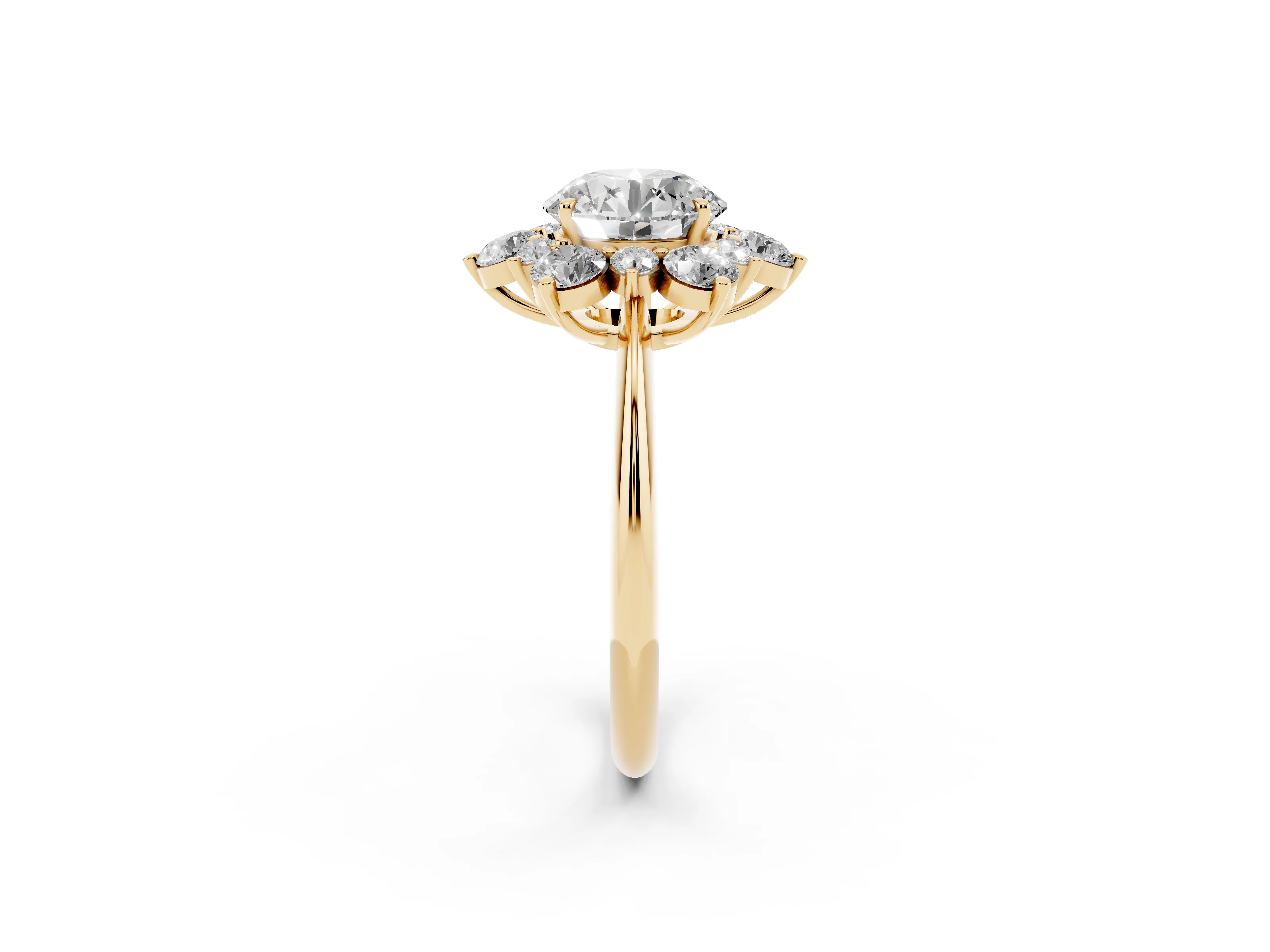 Round Cut Diamond Cluster Halo Ring Set in Yellow gold with Solitaire Band and Prong Setting