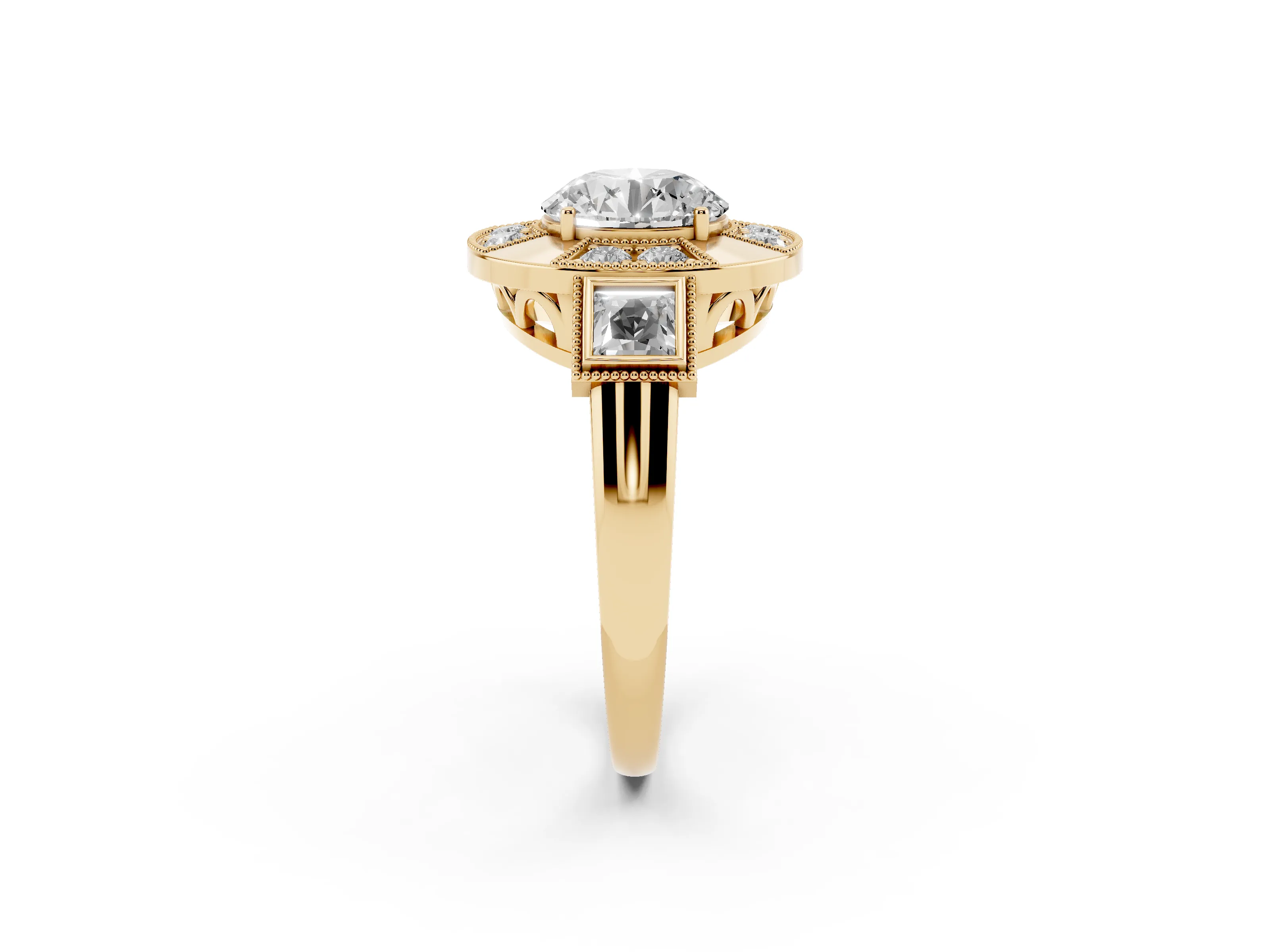 Round Cut Diamond Milgrain Halo Ring Set in Yellow gold with Split Shank