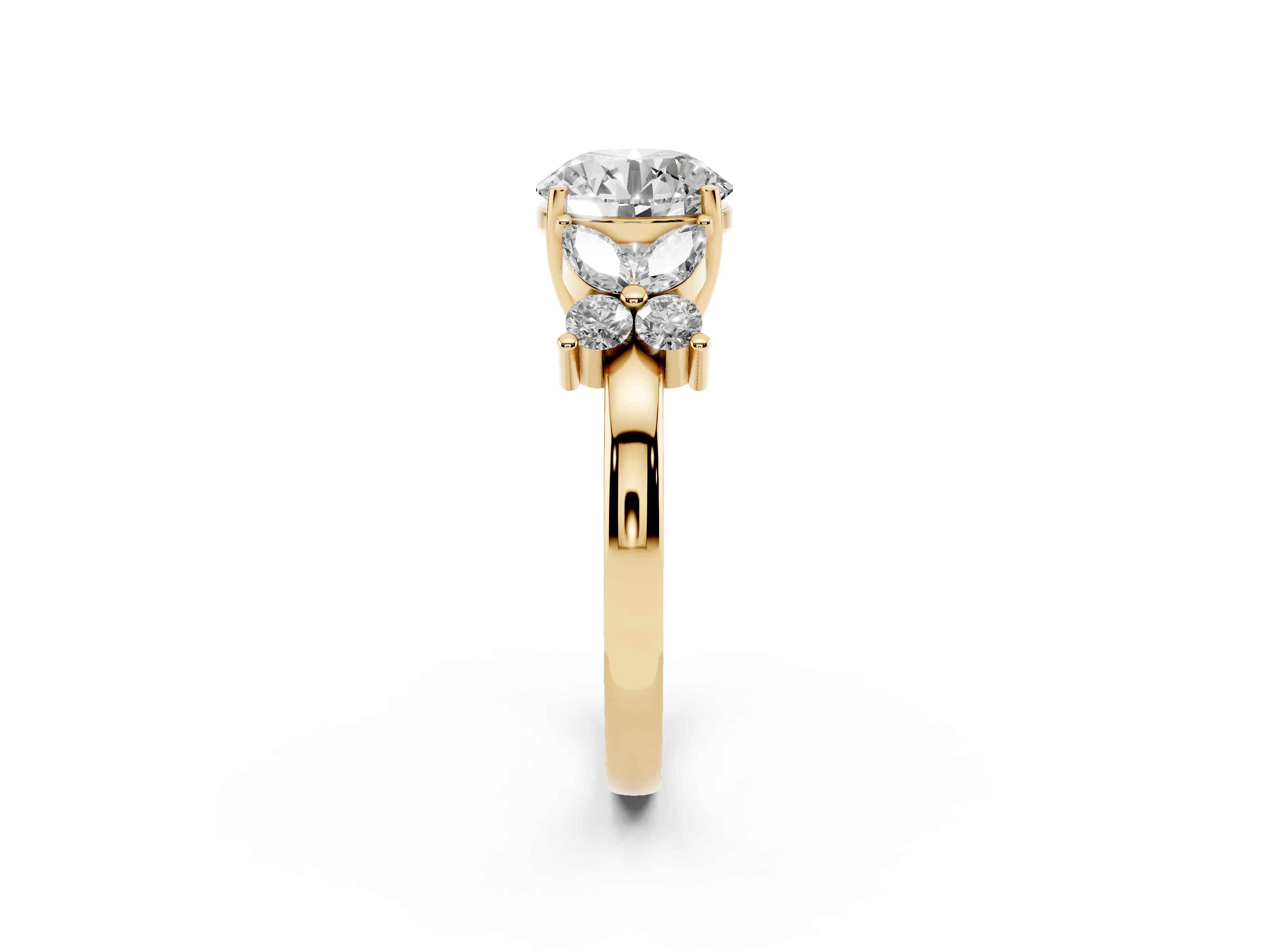 Round Cut Diamond Floral Cluster Ring Set in Yellow gold with Marquise Petals and Prong Setting