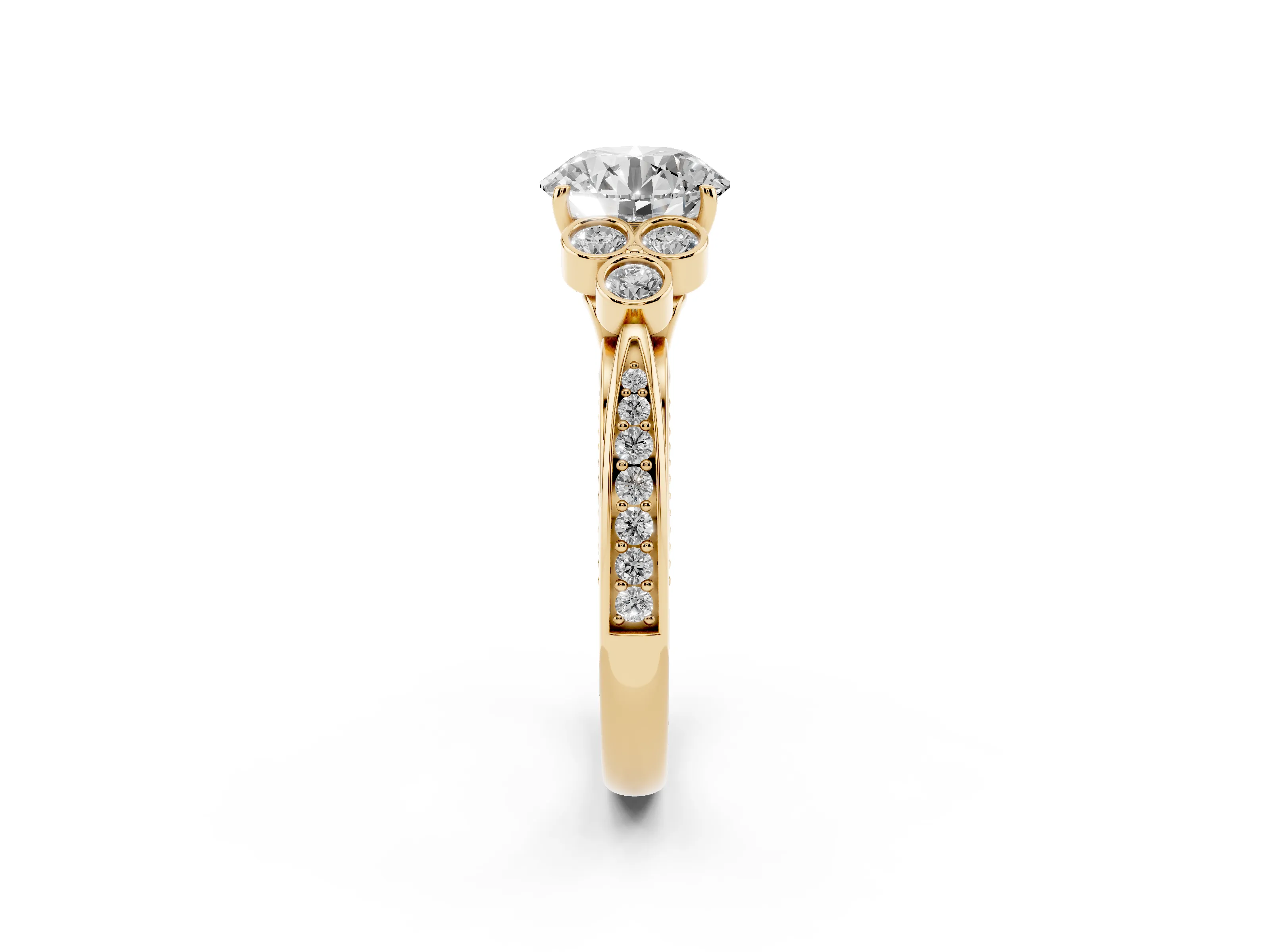 Round Cut Diamond Engagement Ring Set in Yellow gold with Bezel Set Round Side Stones and Prong Setting