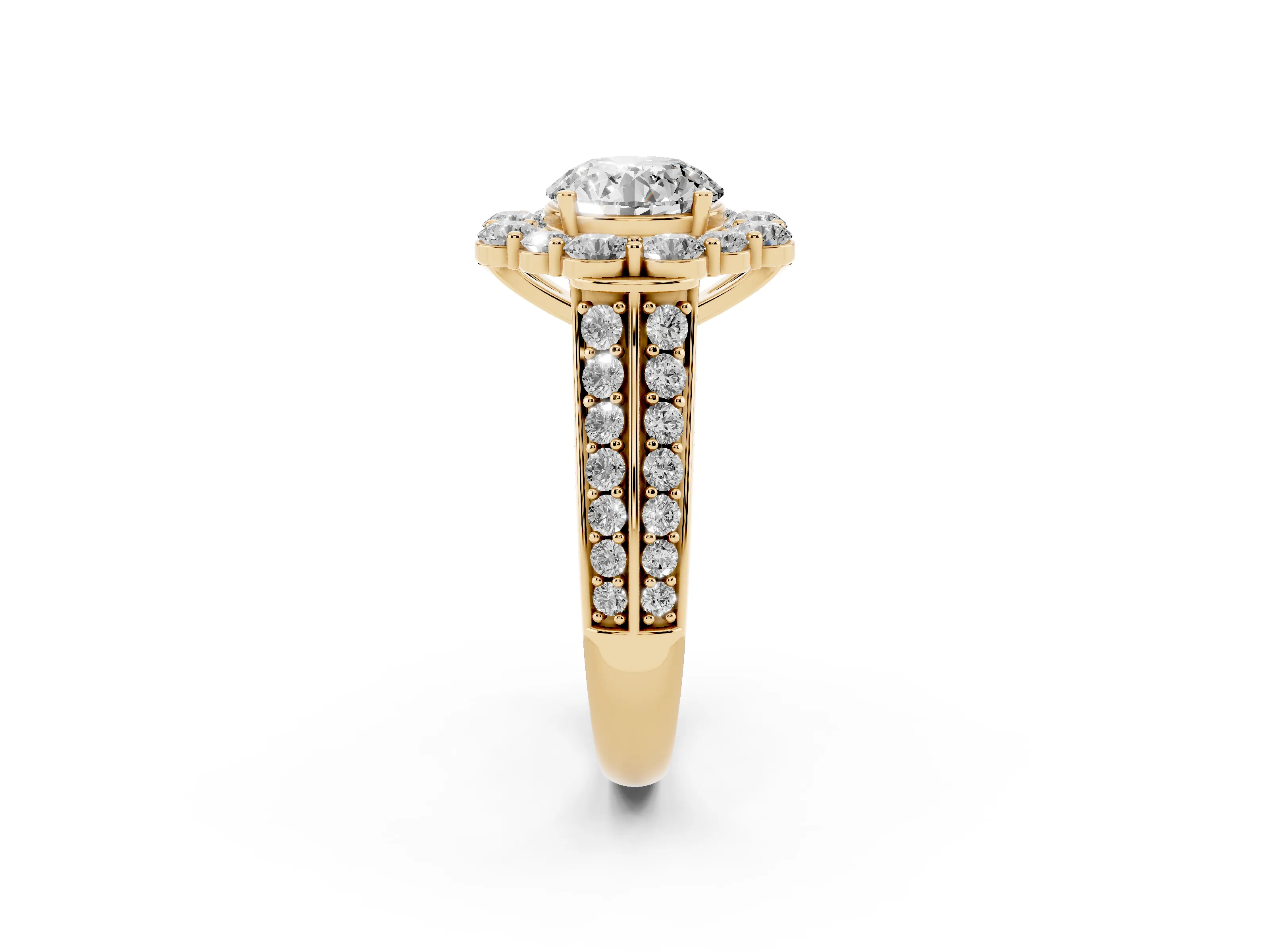 Round Cut Diamond Halo Engagement Ring Set in Yellow gold with Split Shank and Prong Setting