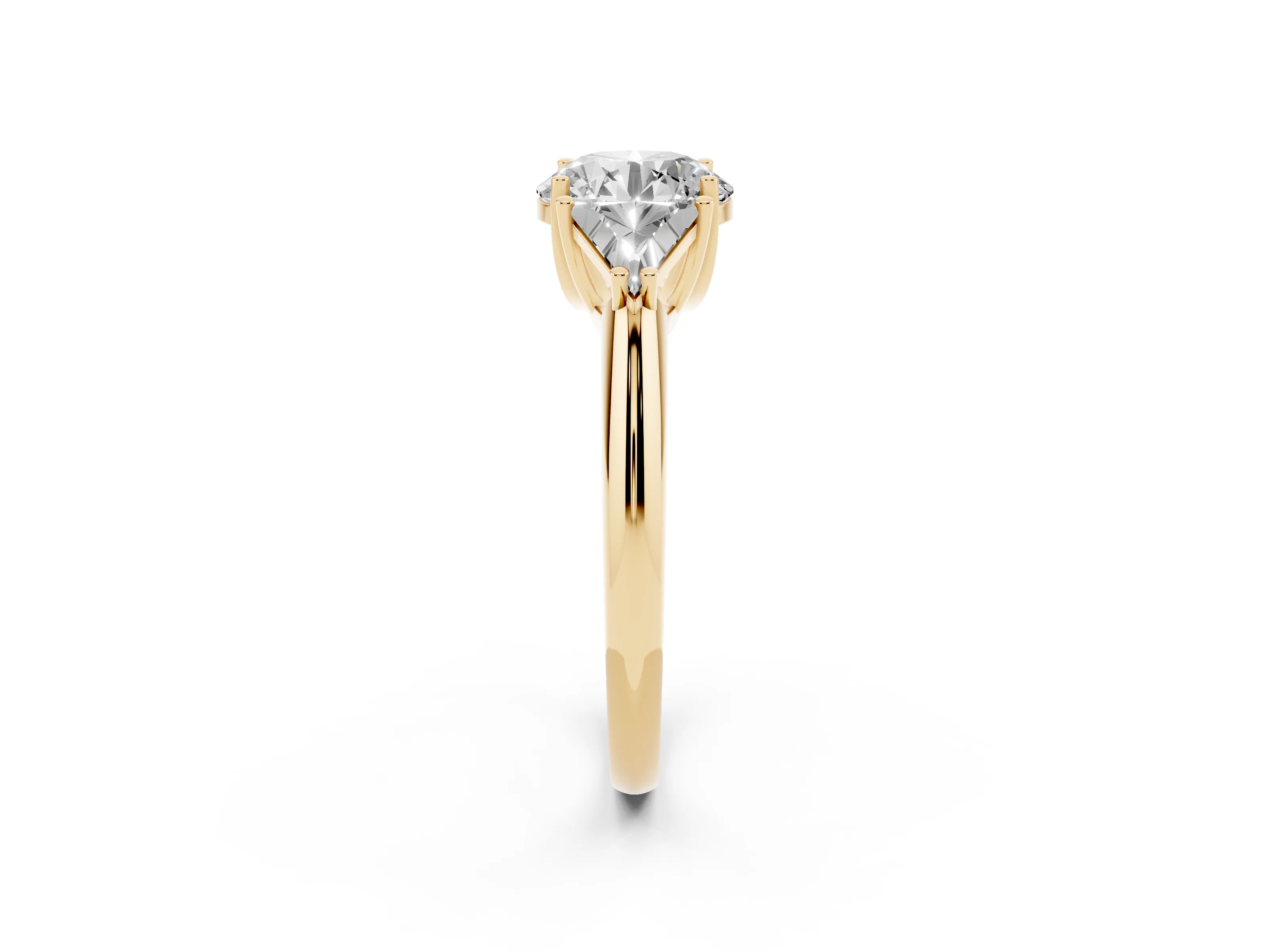 Round Cut Diamond Three-Stone Engagement Ring Set in Yellow gold with Trillion Side Stones