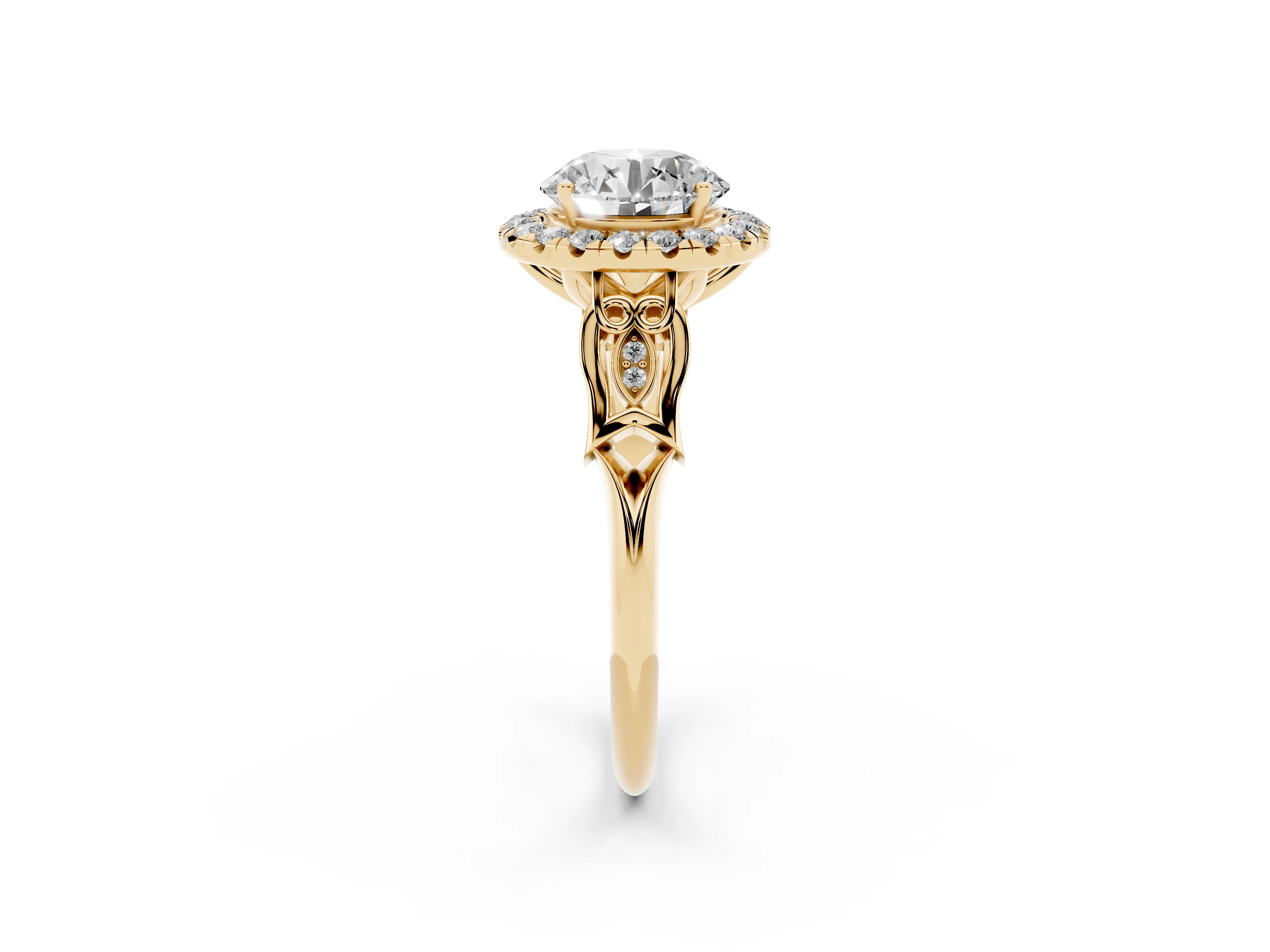 Round Cut Diamond Halo Engagement Ring Set in Yellow gold with Filigree Band and Prong-Set Center