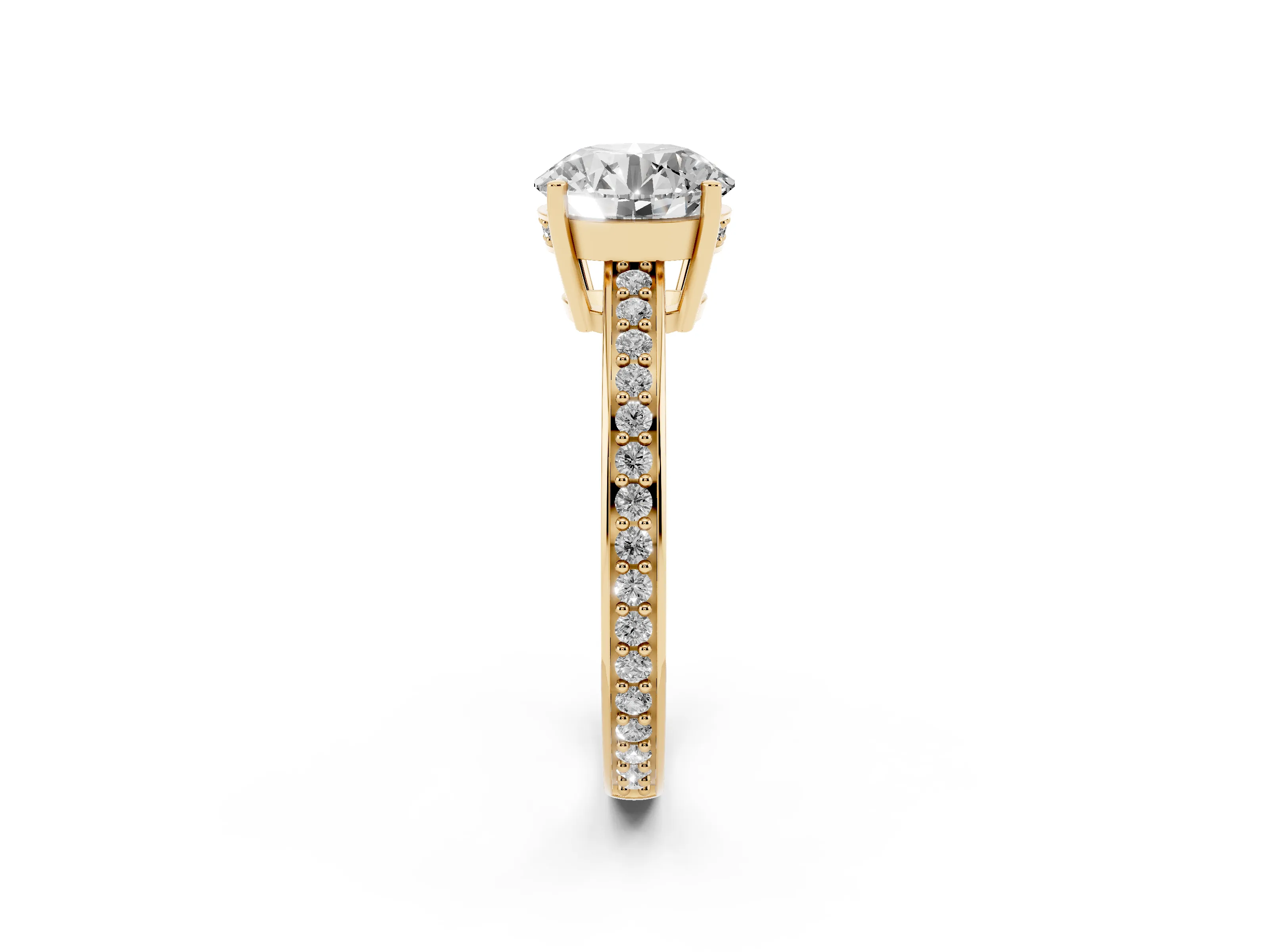 Round Cut Diamond Pavé Band Prong Set Solitaire Ring Set in Yellow gold