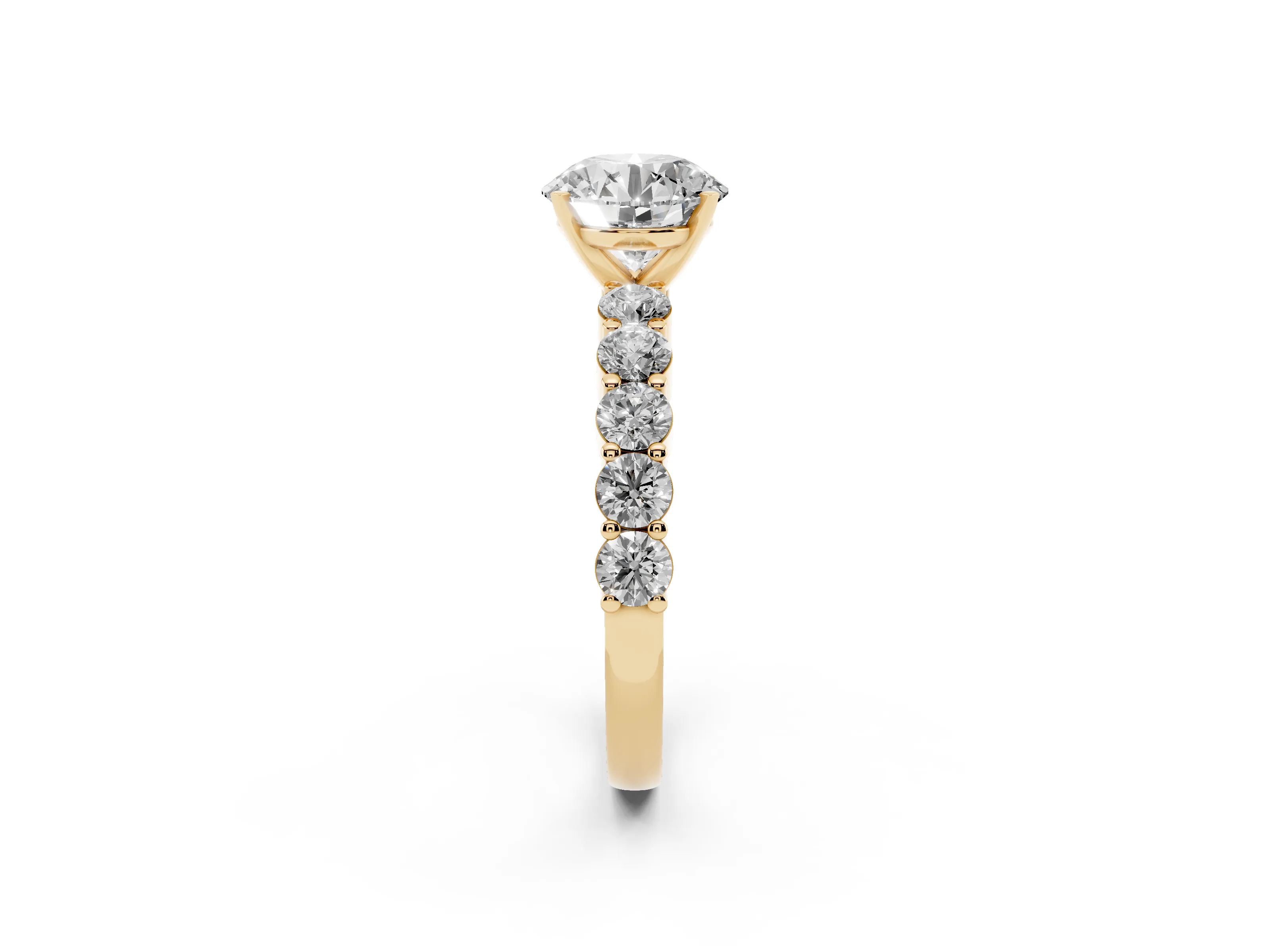 Round Cut Diamond Solitaire Ring Set in Yellow gold with Shared Prong Round Side Stones