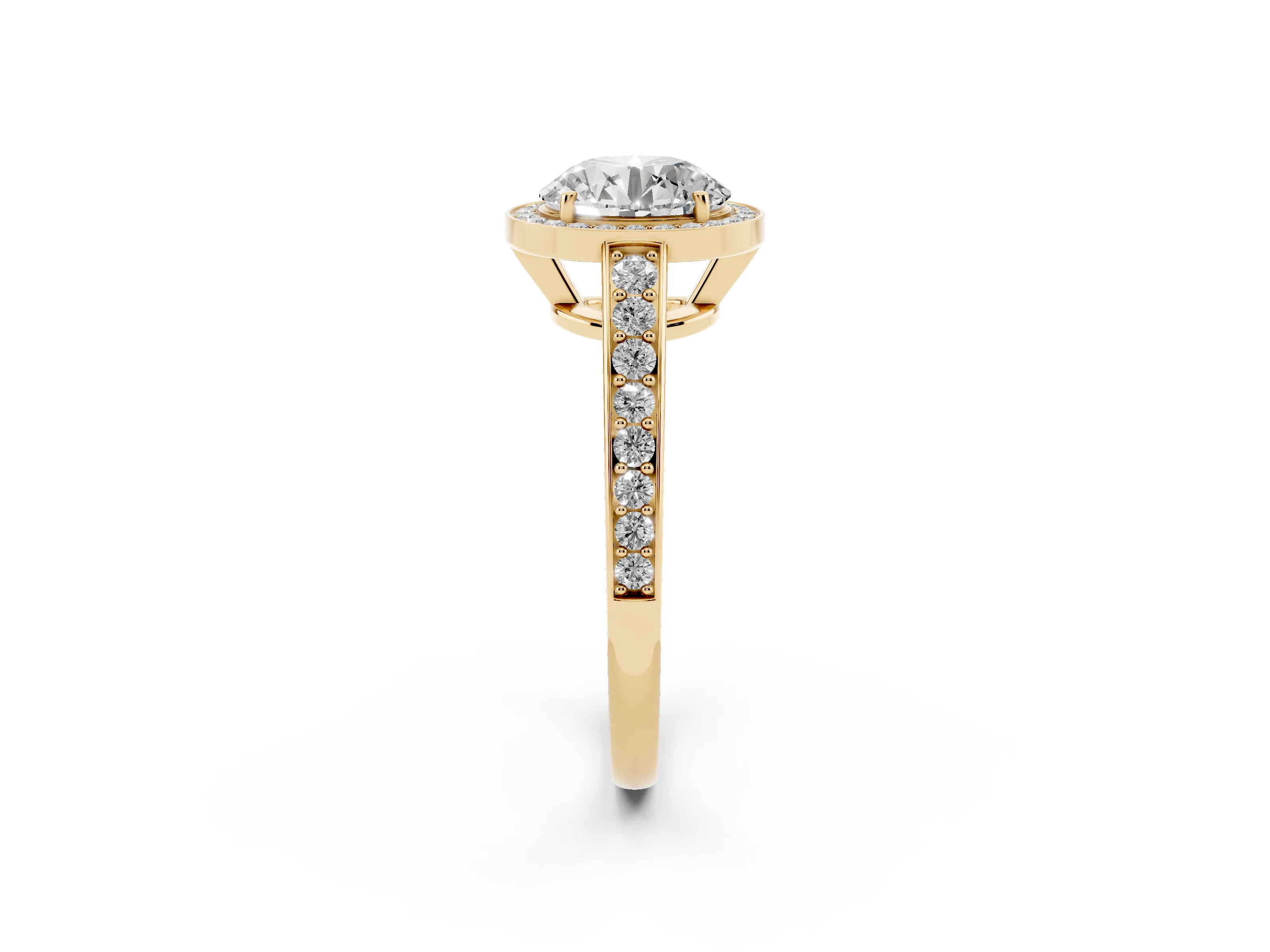 Round Cut Diamond Halo Pavé Engagement Ring Set in Yellow gold with Bezel Setting