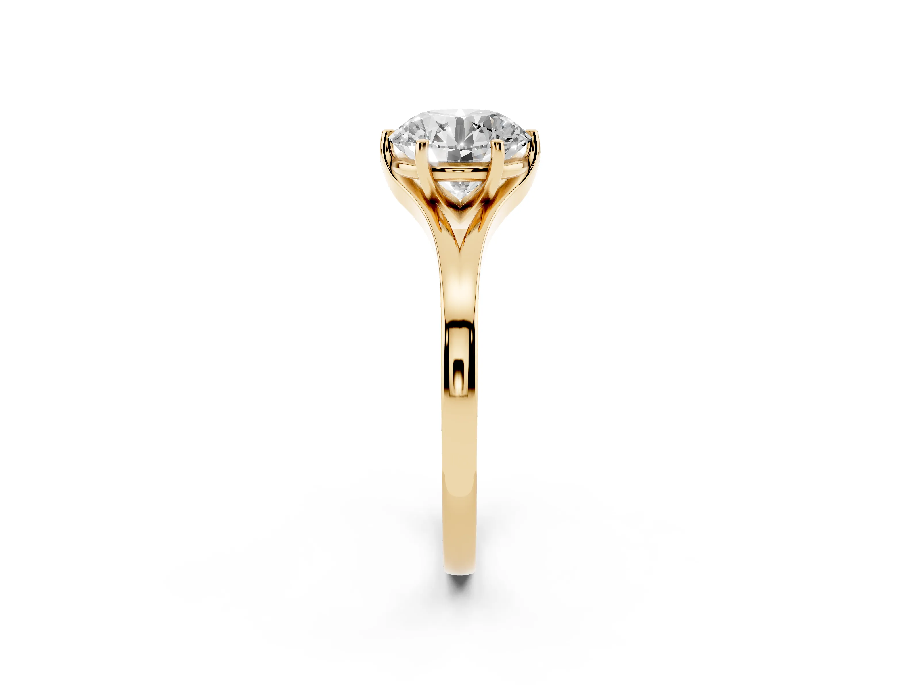 Round Cut Diamond Solitaire Ring Set in Yellow gold with Polished Tapered Band and Prong Setting