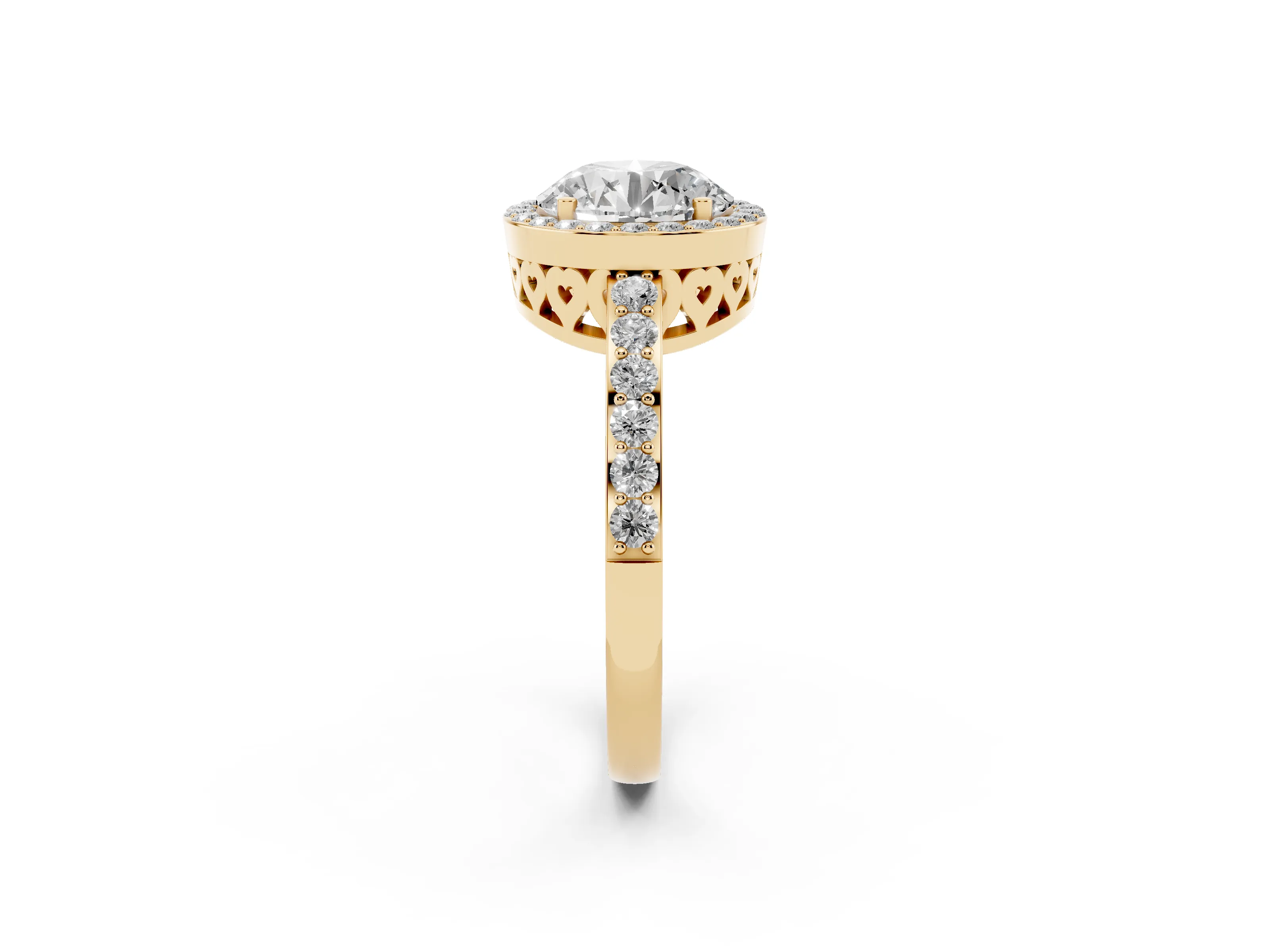 Round Cut Diamond Halo Ring Set in Yellow gold with Pavé-Setting Band and Open Prong Center