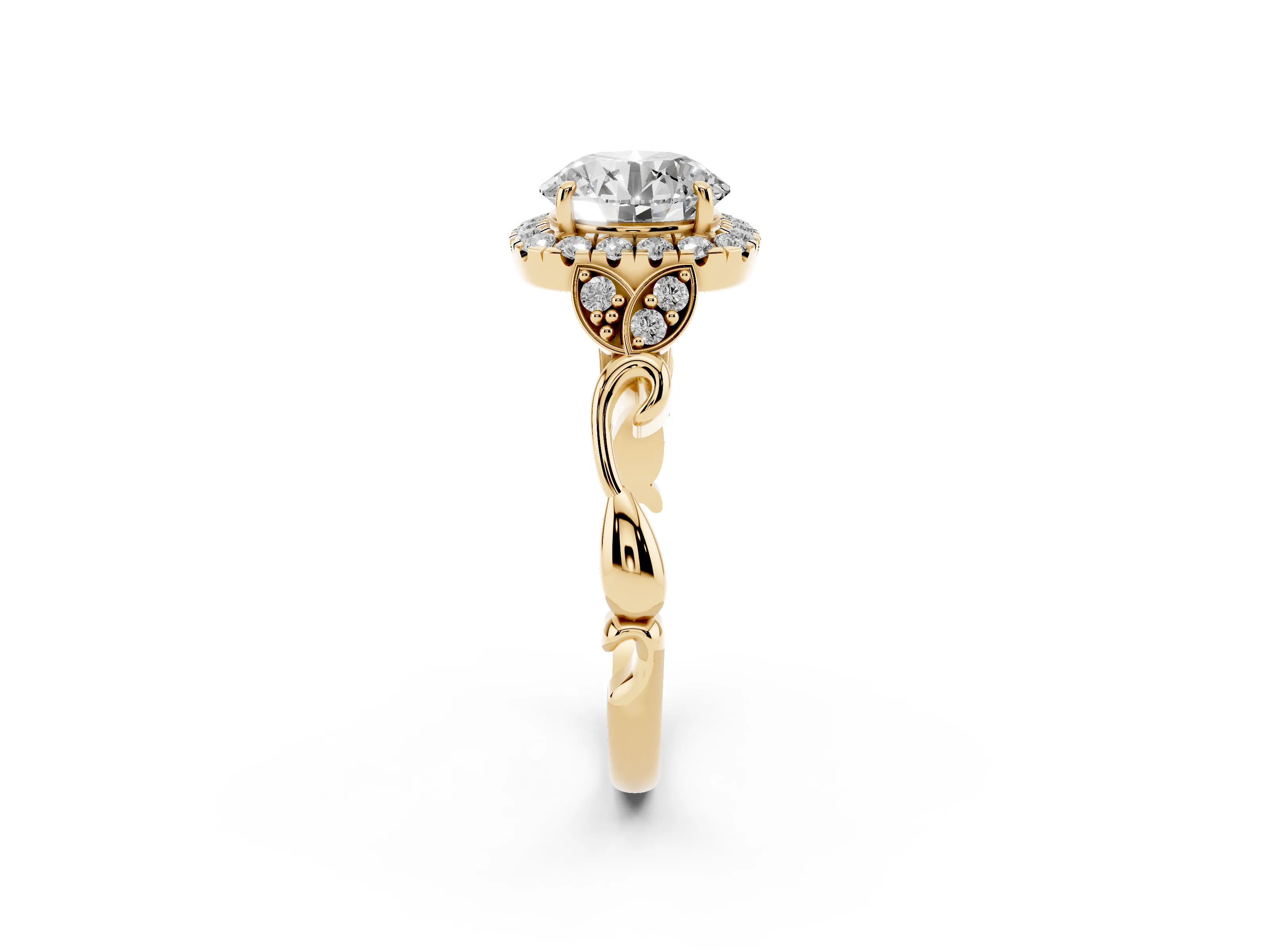 Round Cut Diamond Halo Engagement Ring Set in Yellow gold with Vintage-Inspired Band and Prong Setting
