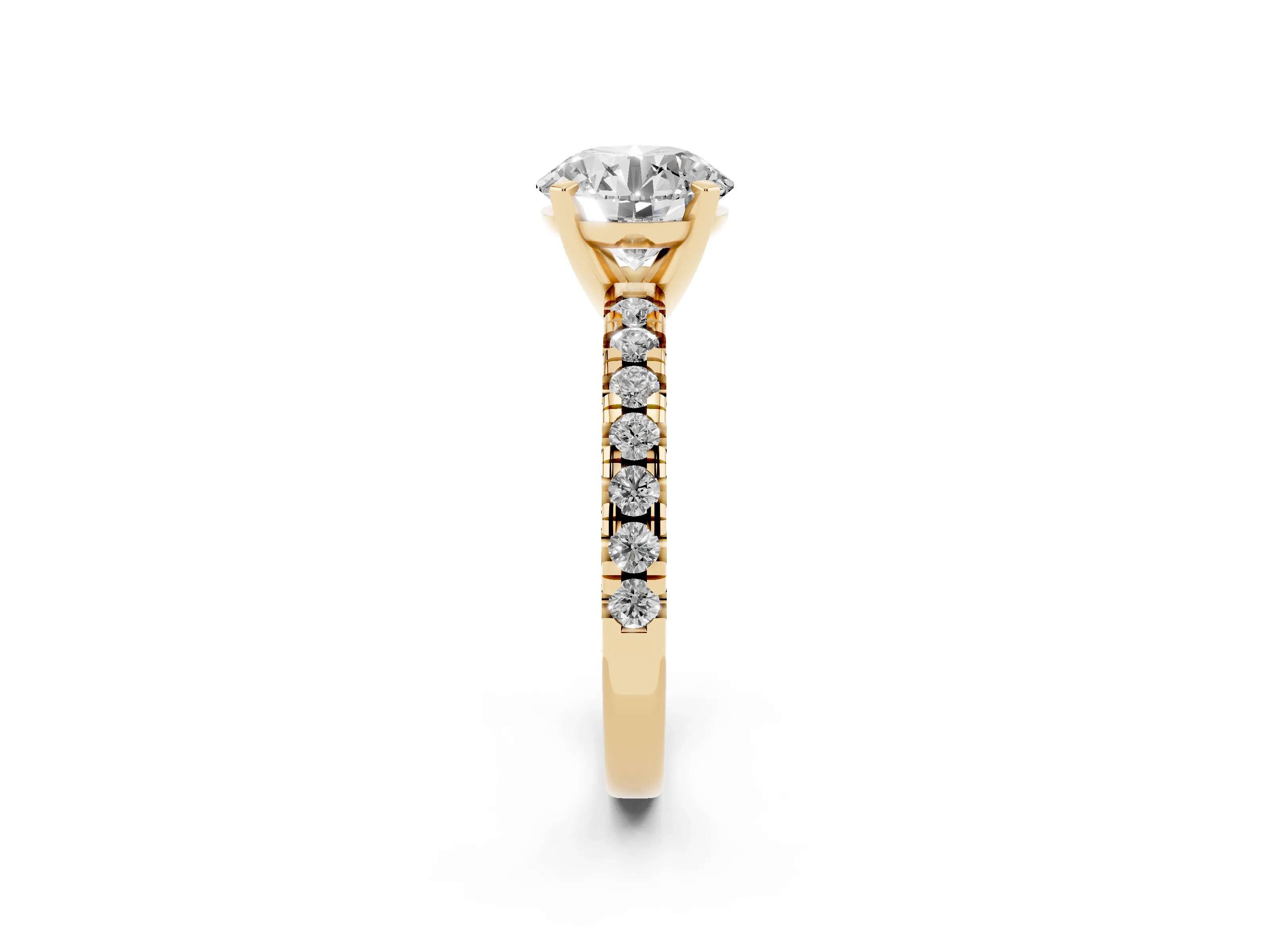 Round Cut Diamond Solitaire Pavé Engagement Ring Set in Yellow gold with Round Band and Prong Setting