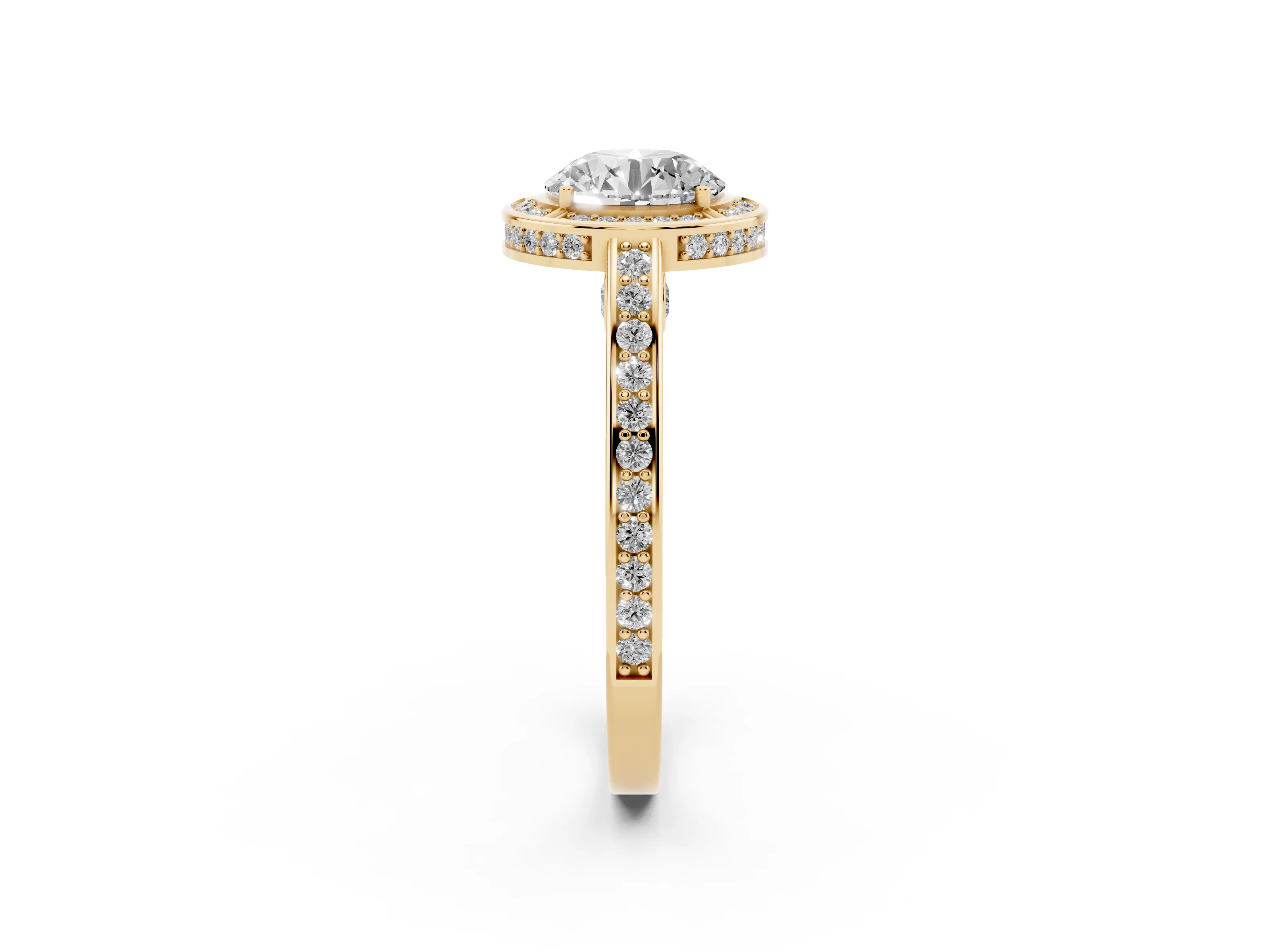 Round Cut Diamond Halo Pavé Split Shank Ring Set in Yellow gold with Prong Setting