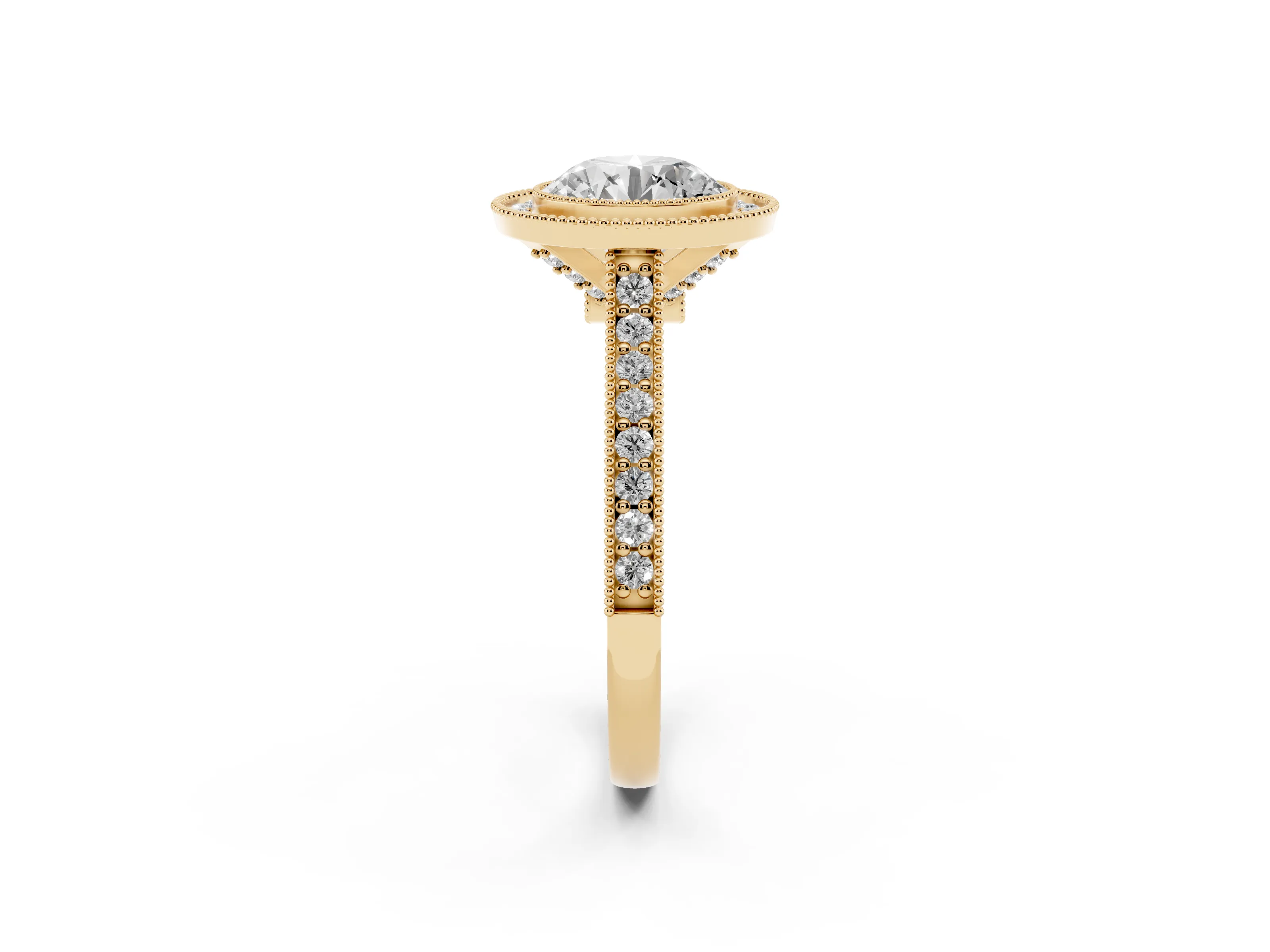 Round Cut Diamond Halo Milgrain Pavé Band Ring Set in Yellow gold with Prong Setting