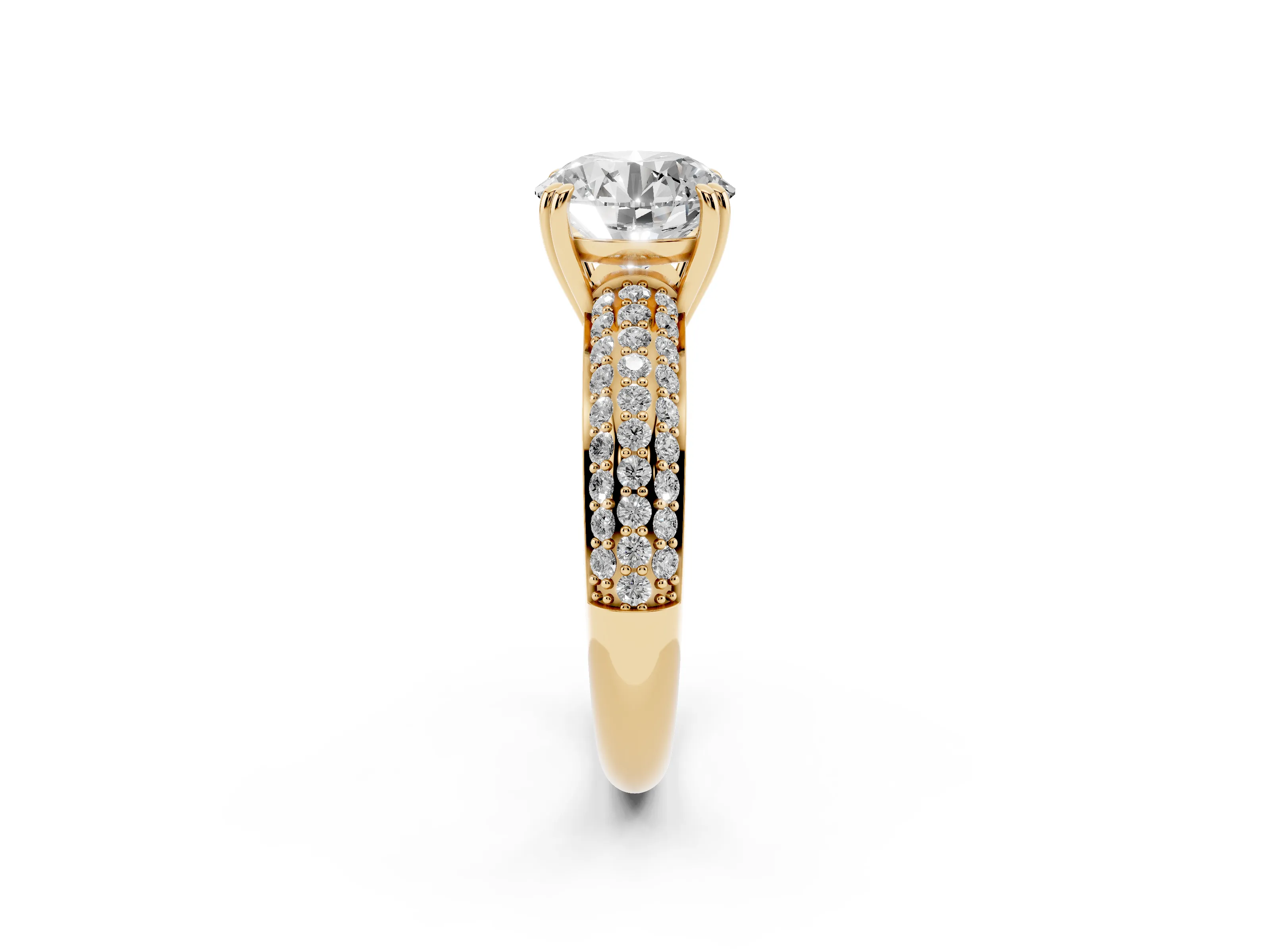 Round Cut Diamond Solitaire Ring Set in Yellow gold with Multi-Row Round Pavé Band and Prong Setting