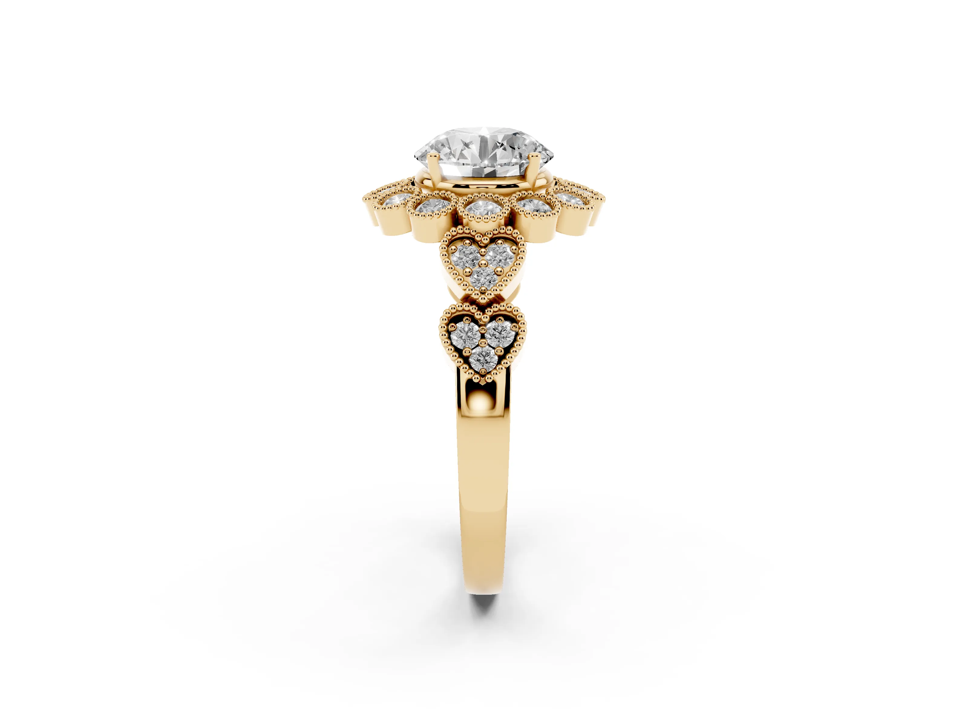 Round Cut Diamond Solitaire Ring Set in Yellow gold with Milgrain Pavé Heart Band