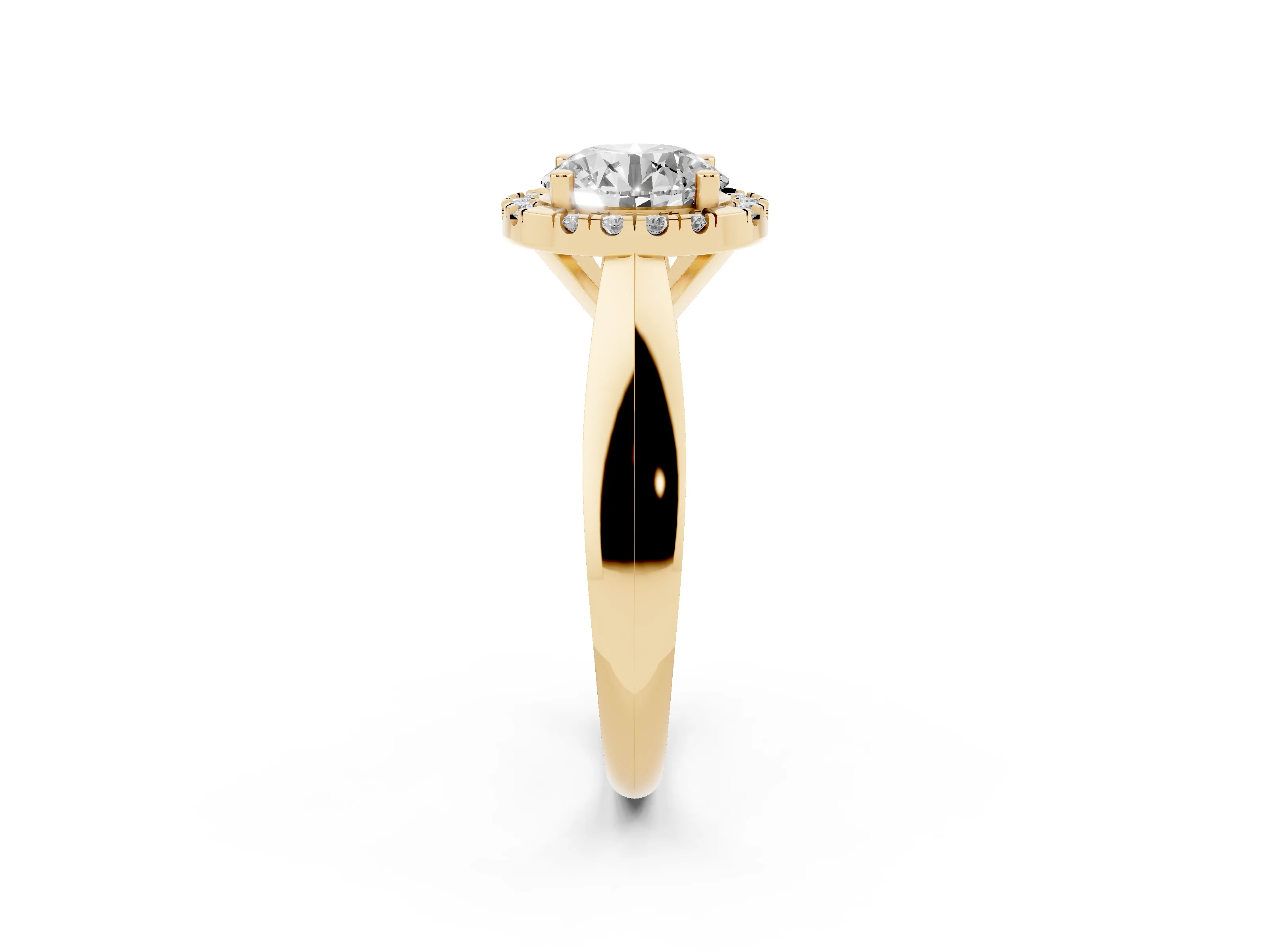 Round Cut Diamond Halo Solitaire Engagement Ring Set in Yellow gold with Square Band and Prong Setting
