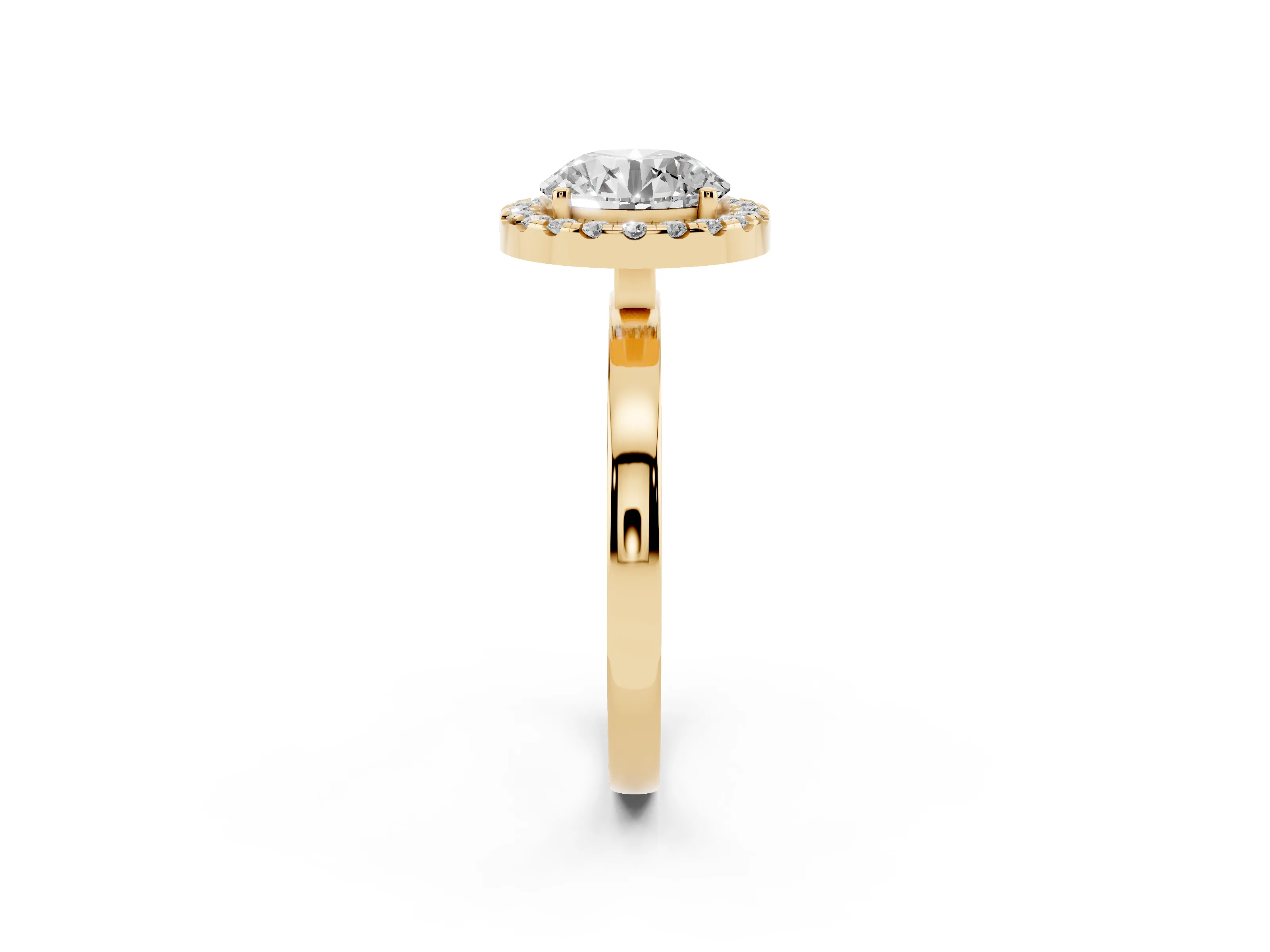 Round Cut Diamond Halo Solitaire Ring Set in Yellow gold with Pavé Band and Prong Setting