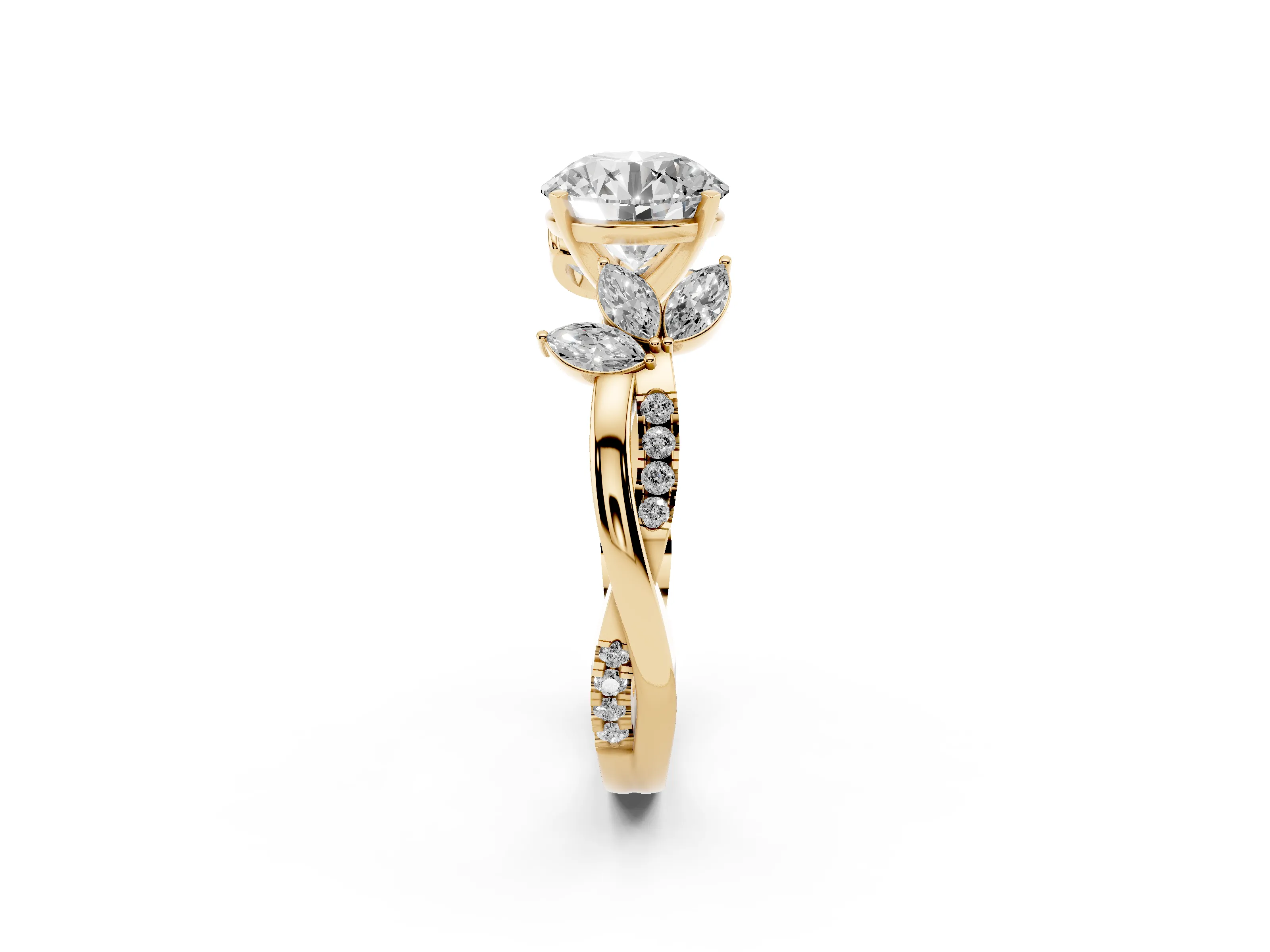 Round Cut Diamond Floral Vine Solitaire Engagement Ring Set in Yellow gold with Marquise Leaves
