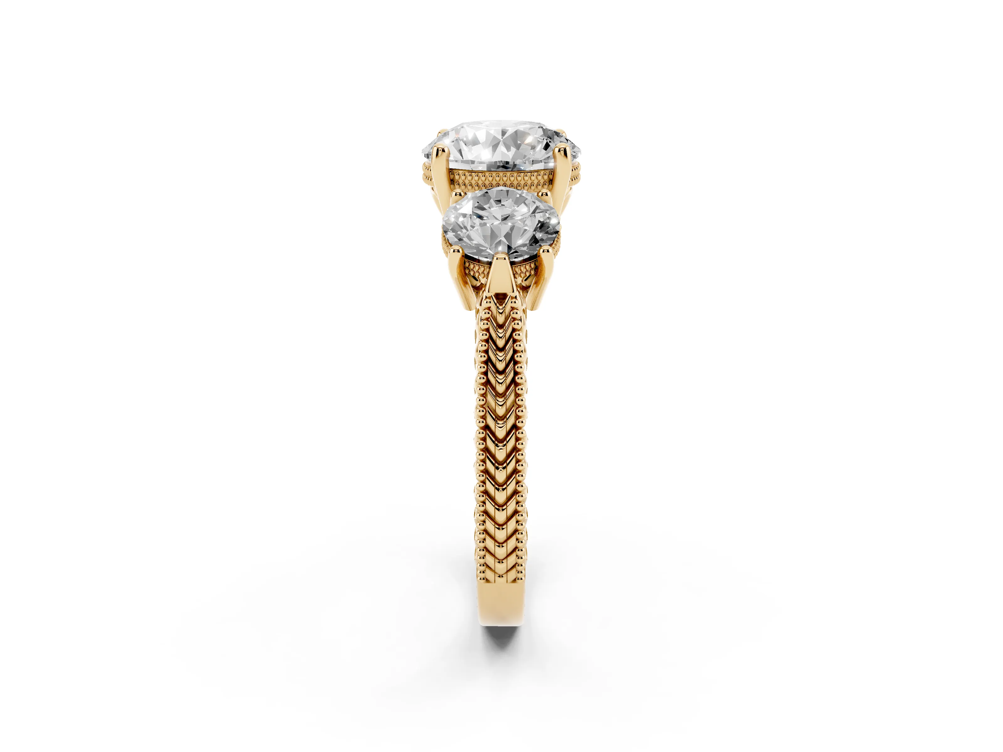 Round Cut Diamond Three-Stone Ring Set in Yellow gold with Milgrain Band