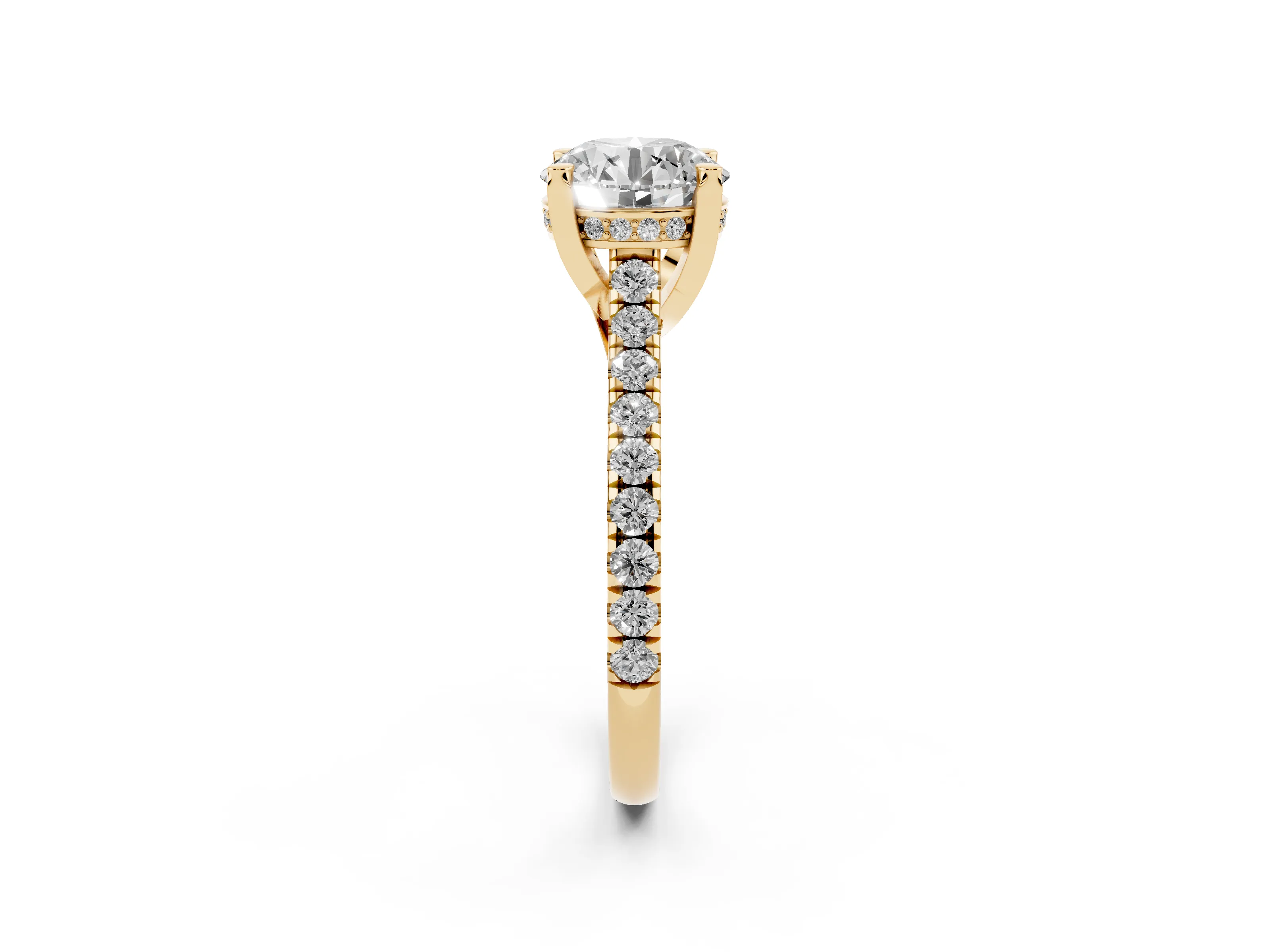 Round Cut Diamond Solitaire Ring Set in Yellow gold with Brilliant Pavé Band and Prong Setting
