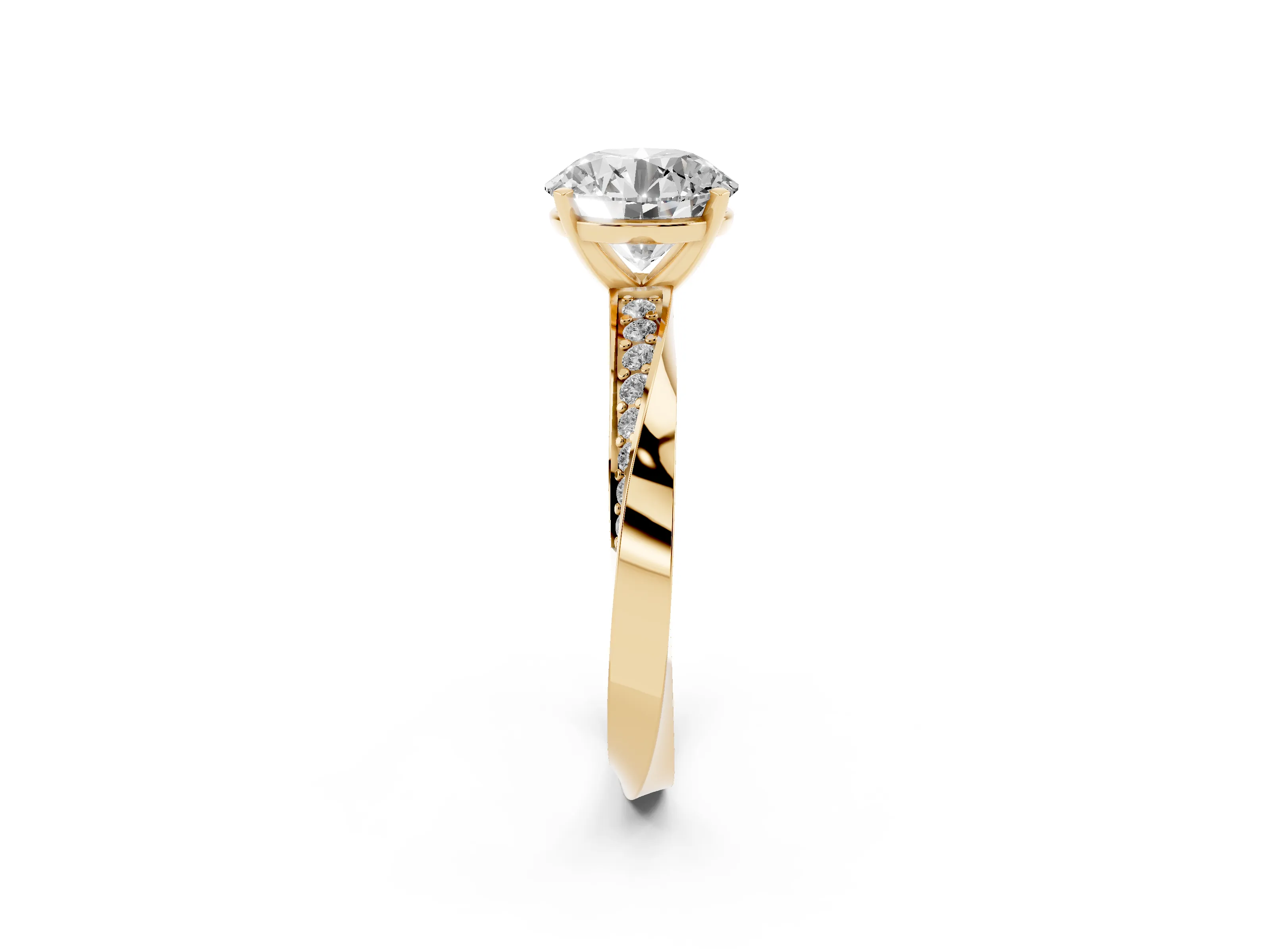 Round Cut Diamond Engagement Ring Set in Yellow gold with Side Stone Accents and Prong Setting