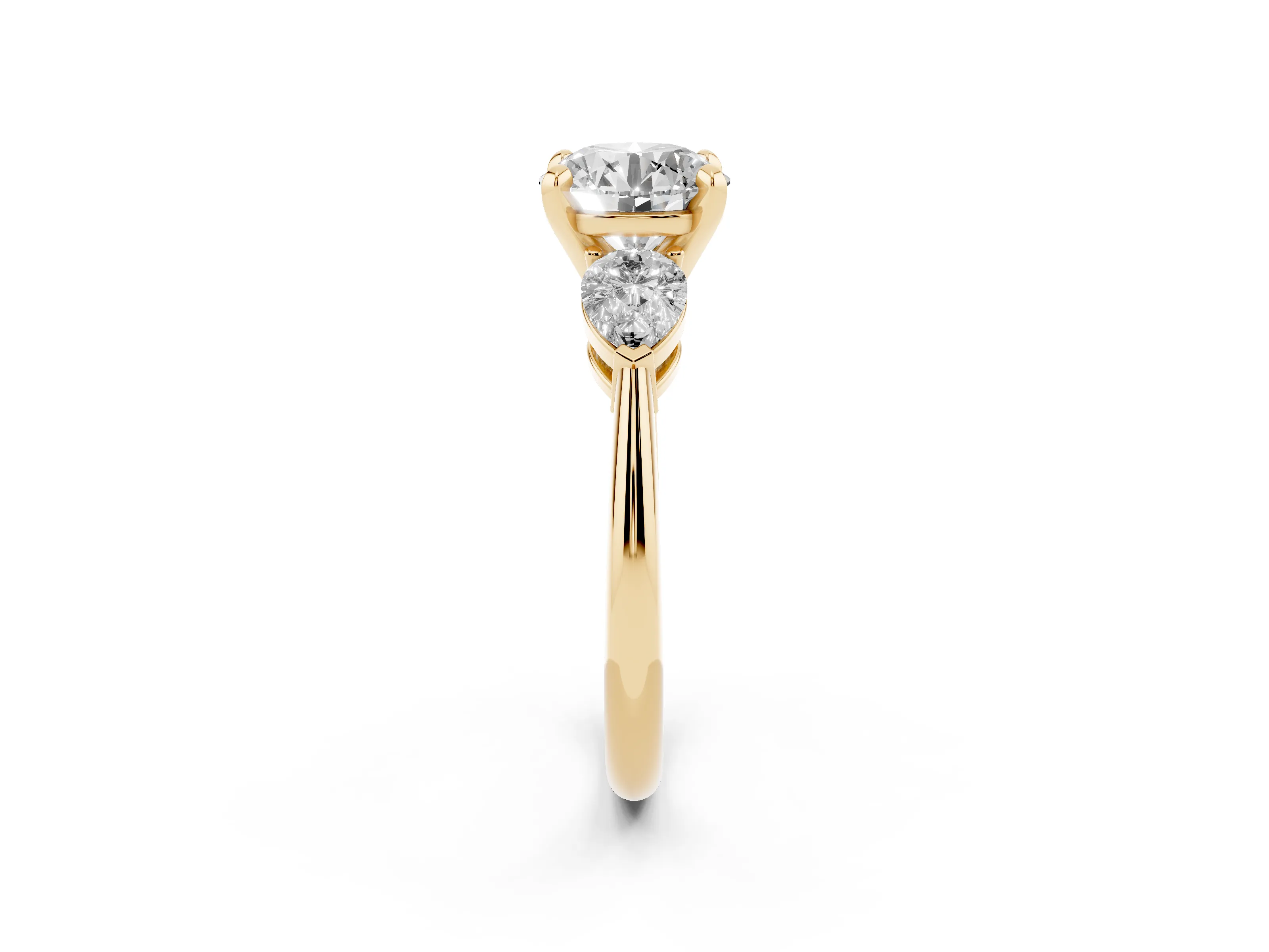 Three-Stone Round Cut Diamond Ring Set in Yellow gold with Pear Side Stones and Prong Setting