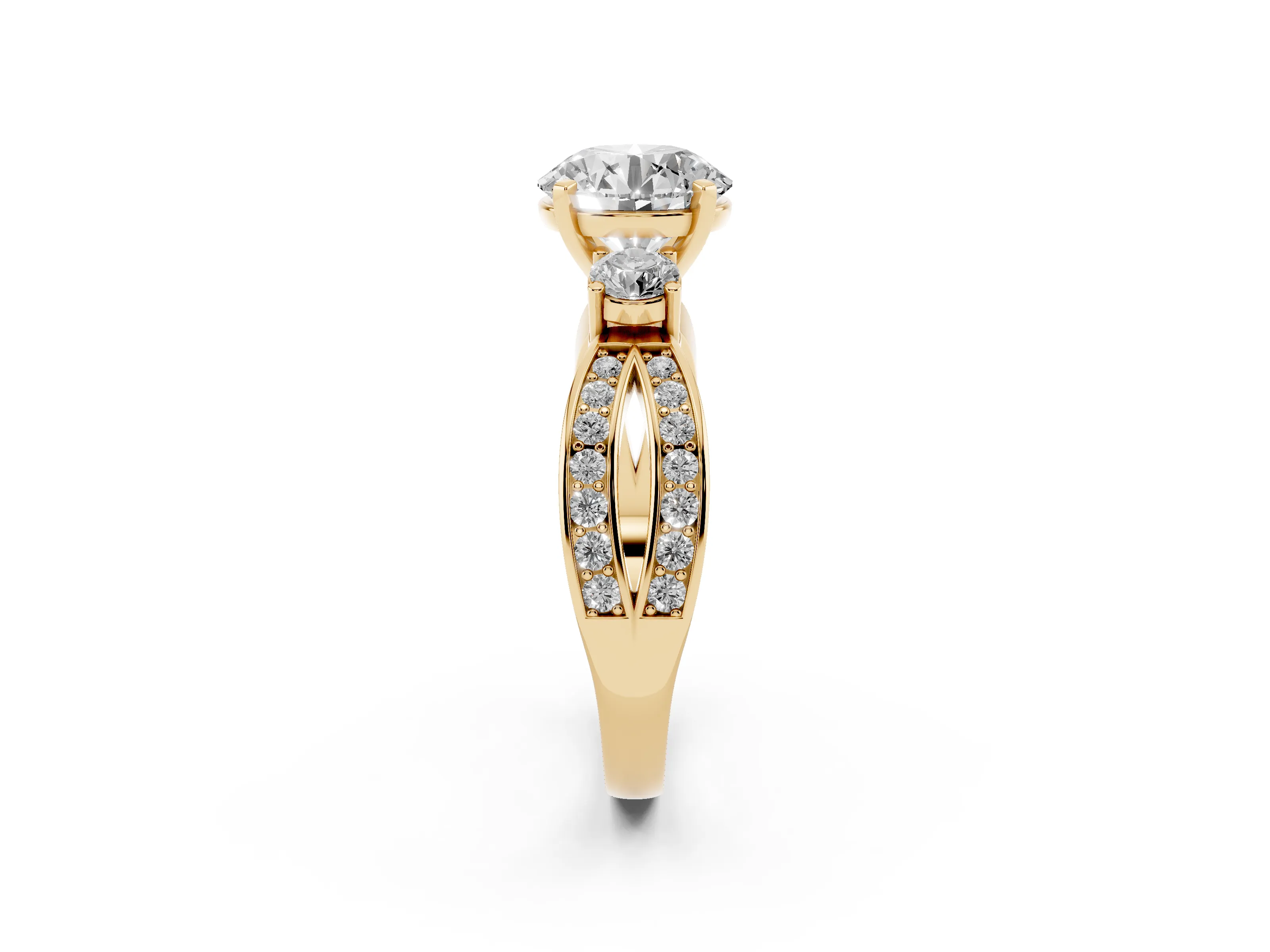 Three-Stone Round Cut Diamond Twist Band Ring Set in Yellow gold with Pavé Accents and Prong Setting