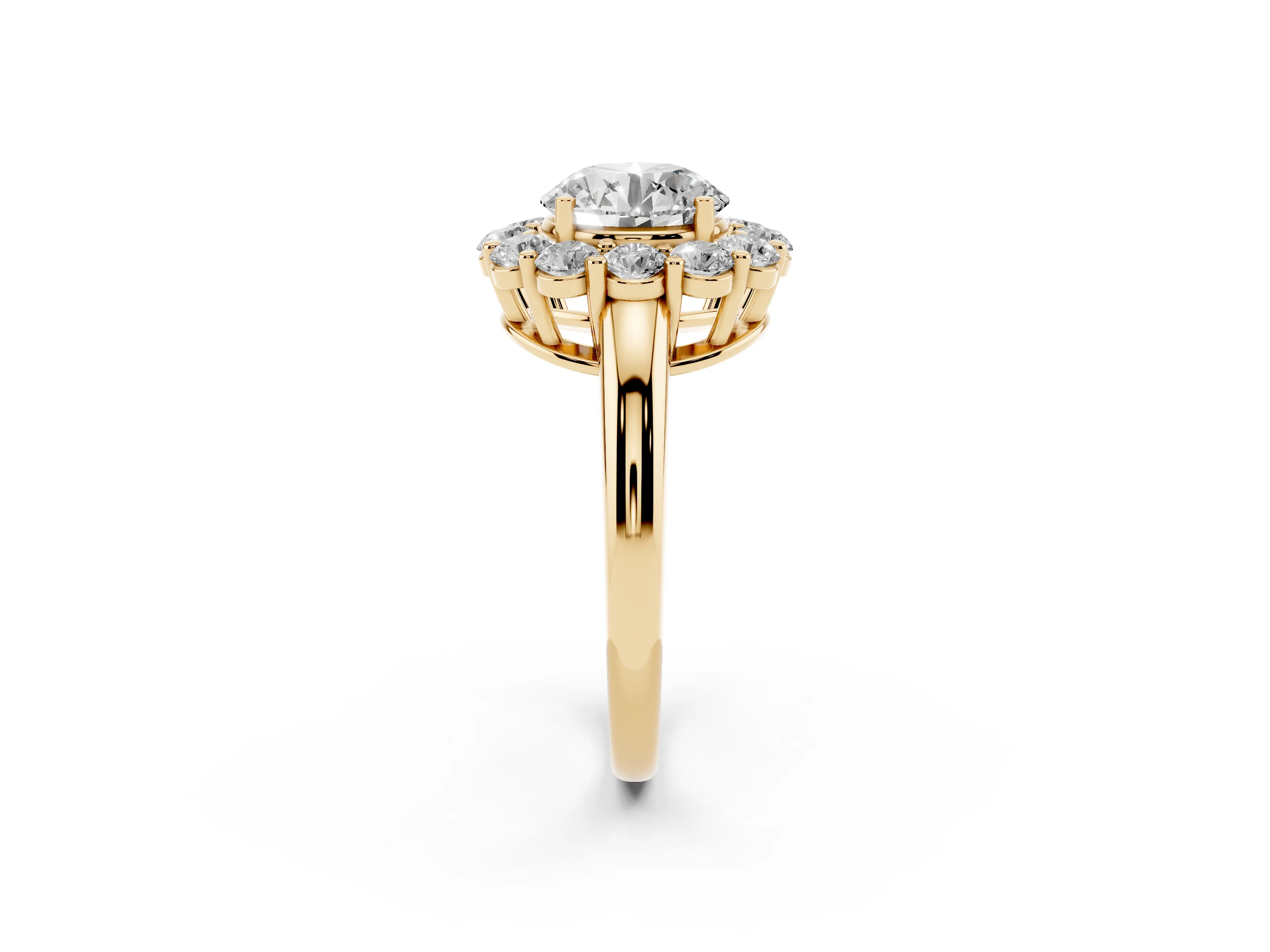 Round Cut Diamond Halo Cluster Engagement Ring Set in Yellow gold with Polished Band and Prong Setting