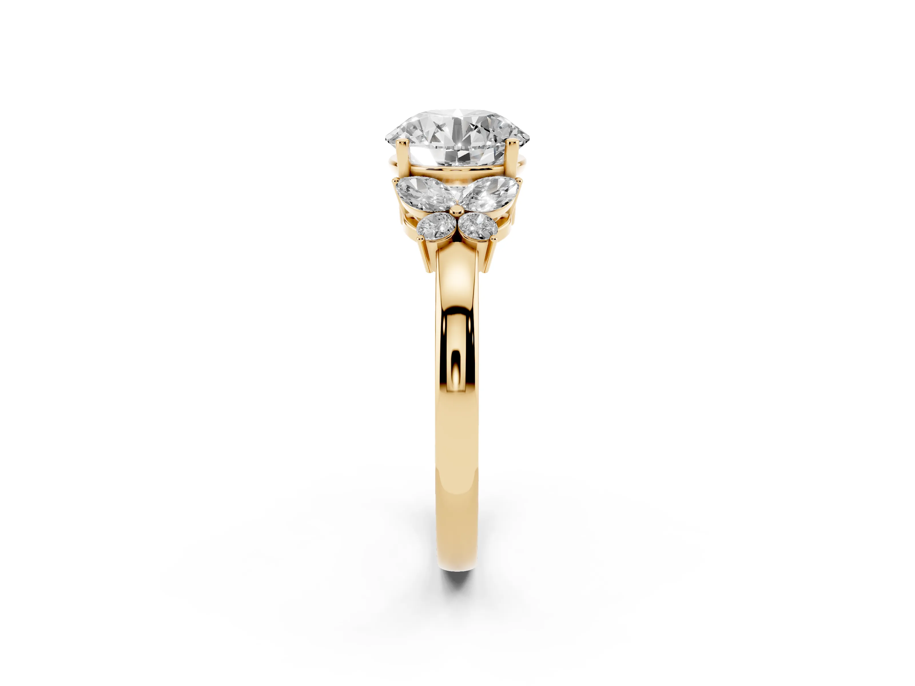 Round Cut Diamond Solitaire Floral Ring Set in Yellow gold with Marquise Petals and Prong Setting
