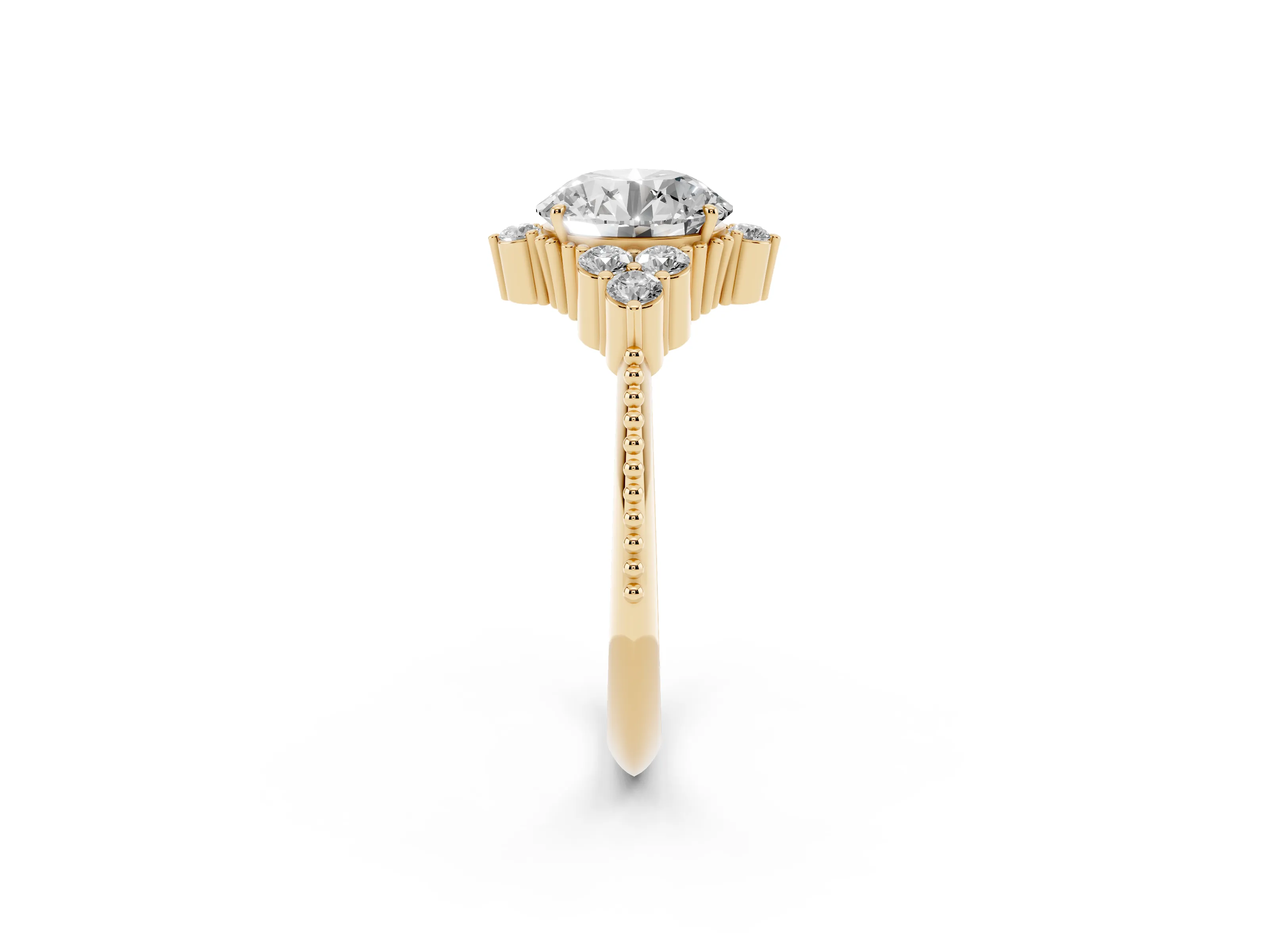Round Cut Diamond Cluster Ring Set in Yellow gold with Beaded Band