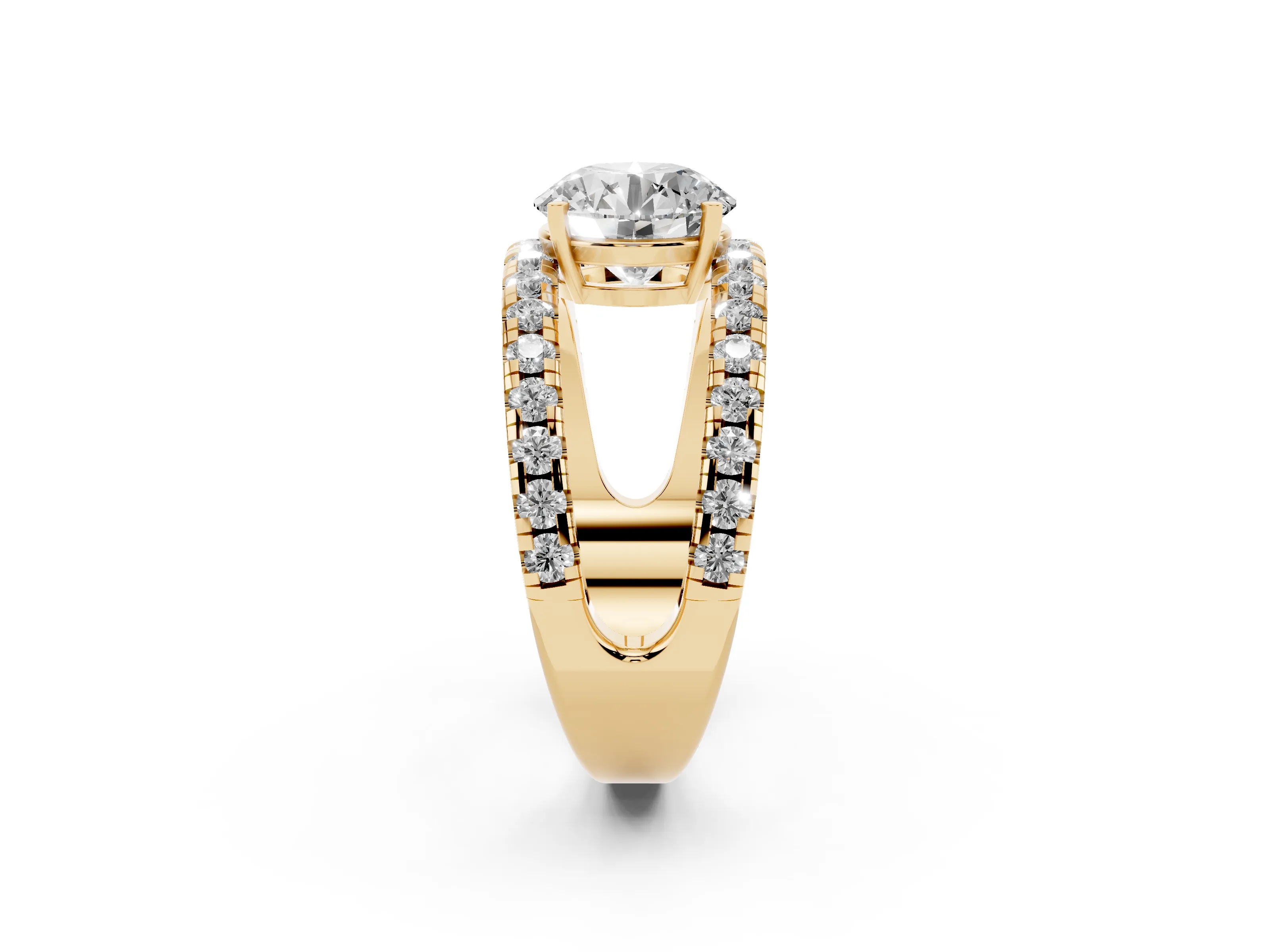Round Cut Diamond Split Shank Pavé Solitaire Ring Set in Yellow gold with Open Shank Design