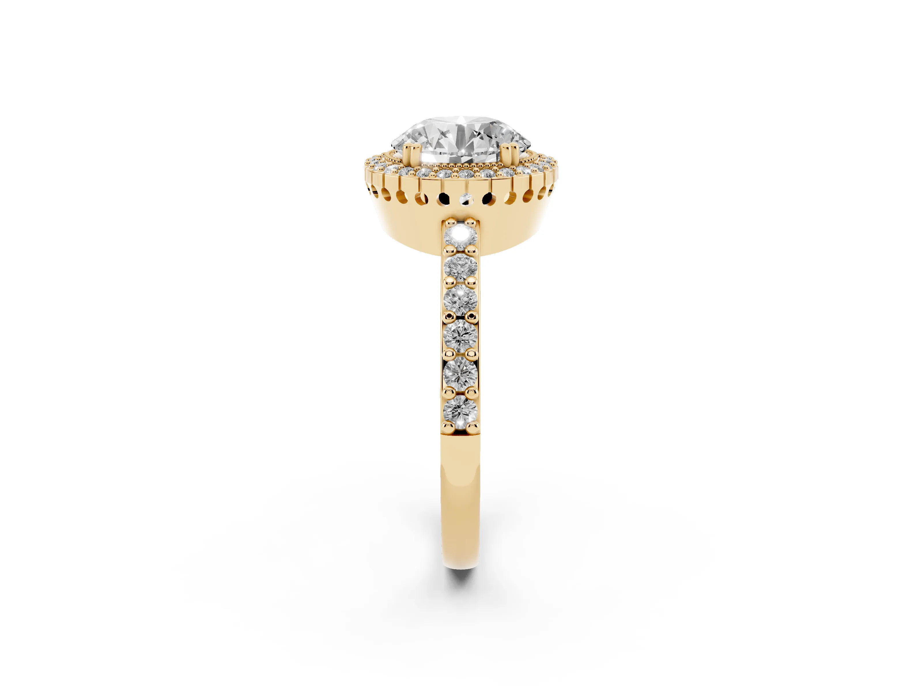 Round Cut Diamond Halo Engagement Ring Set in Yellow gold with Milgrain Detail and Pavé Band