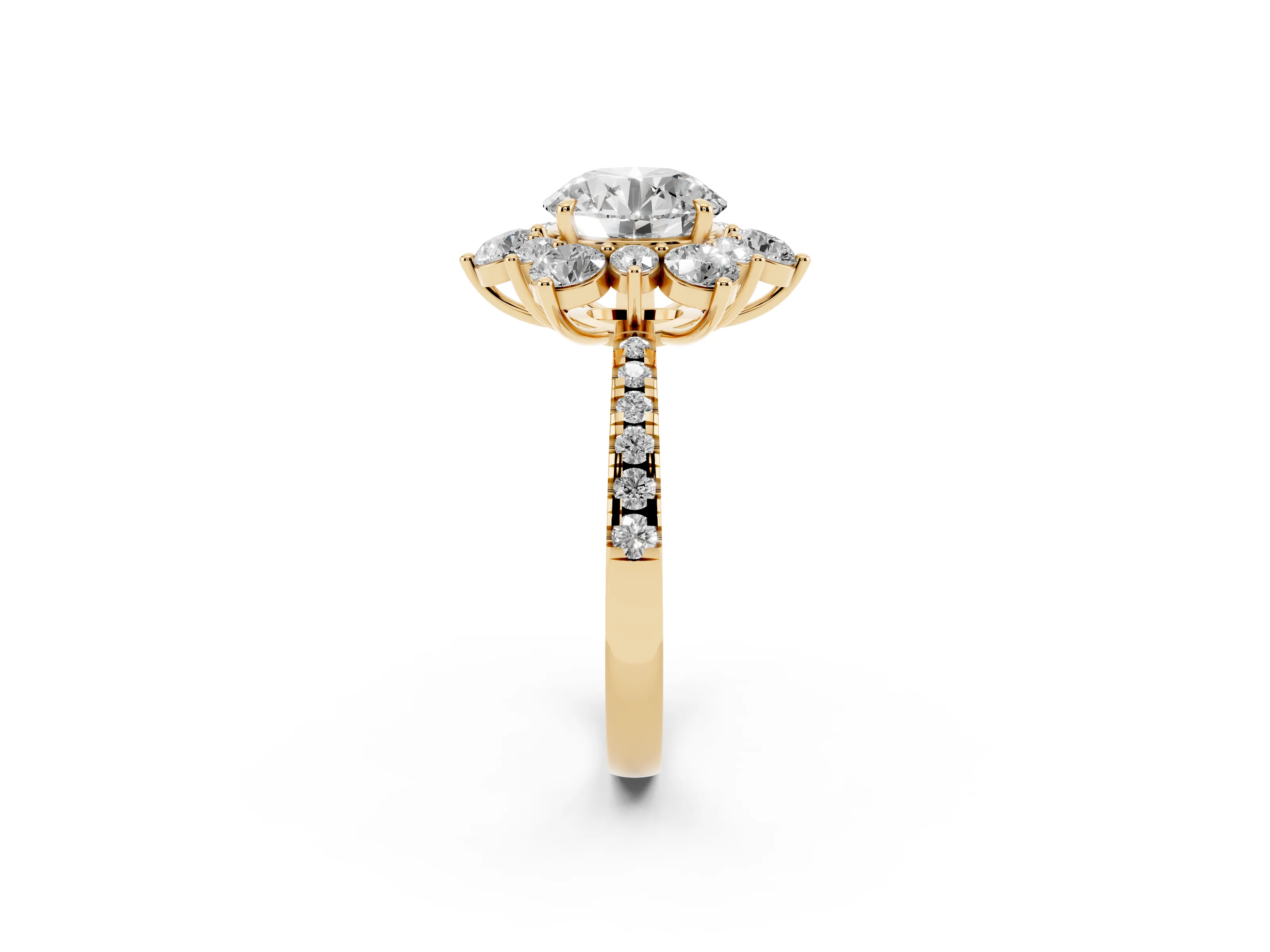 Round Cut Diamond Floral Halo Ring Set in Yellow gold with Round Pavé Band and Prong Setting