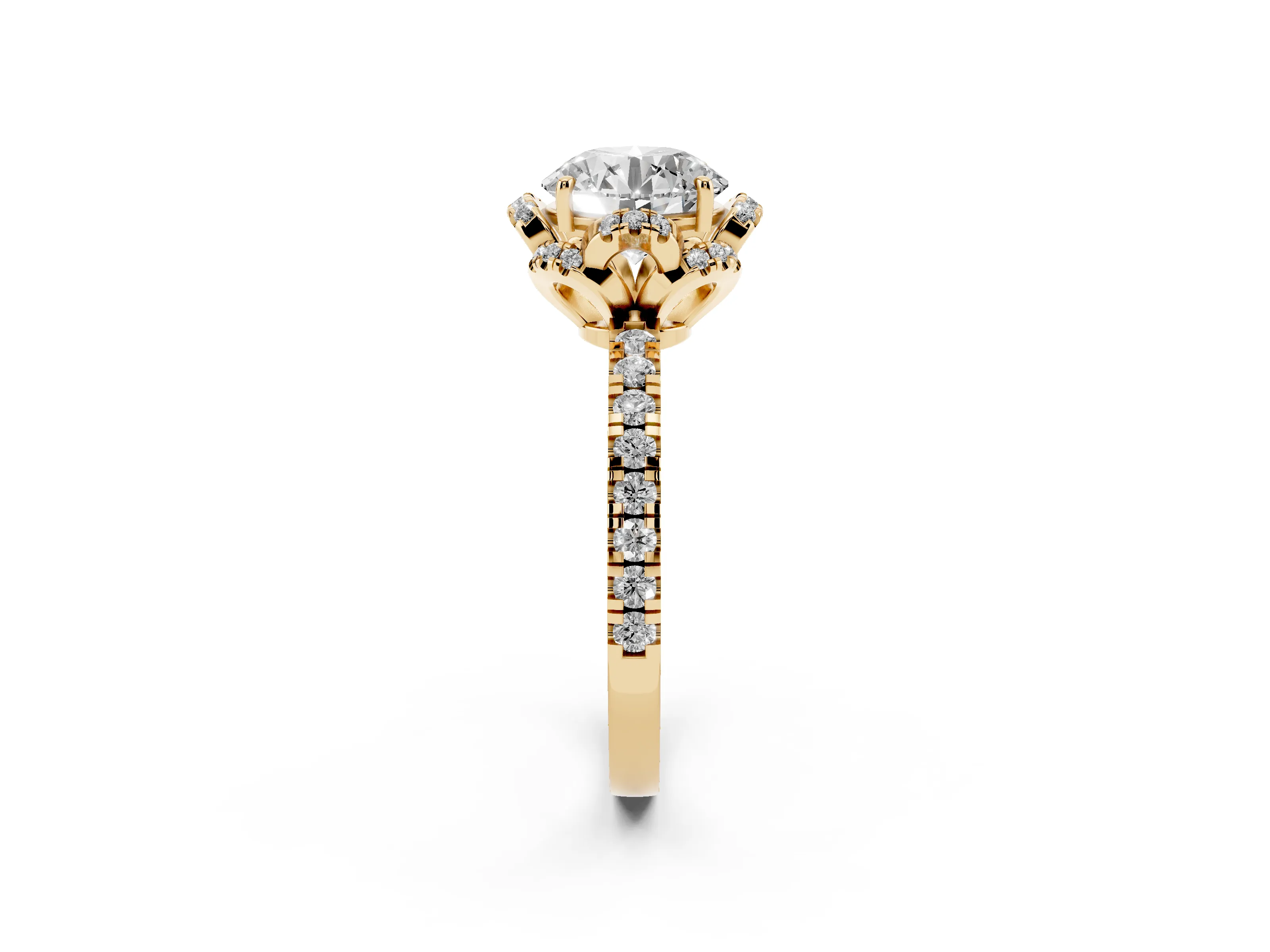 Round Cut Diamond Halo Pavé Band Ring Set in Yellow gold with Prong-Held Center