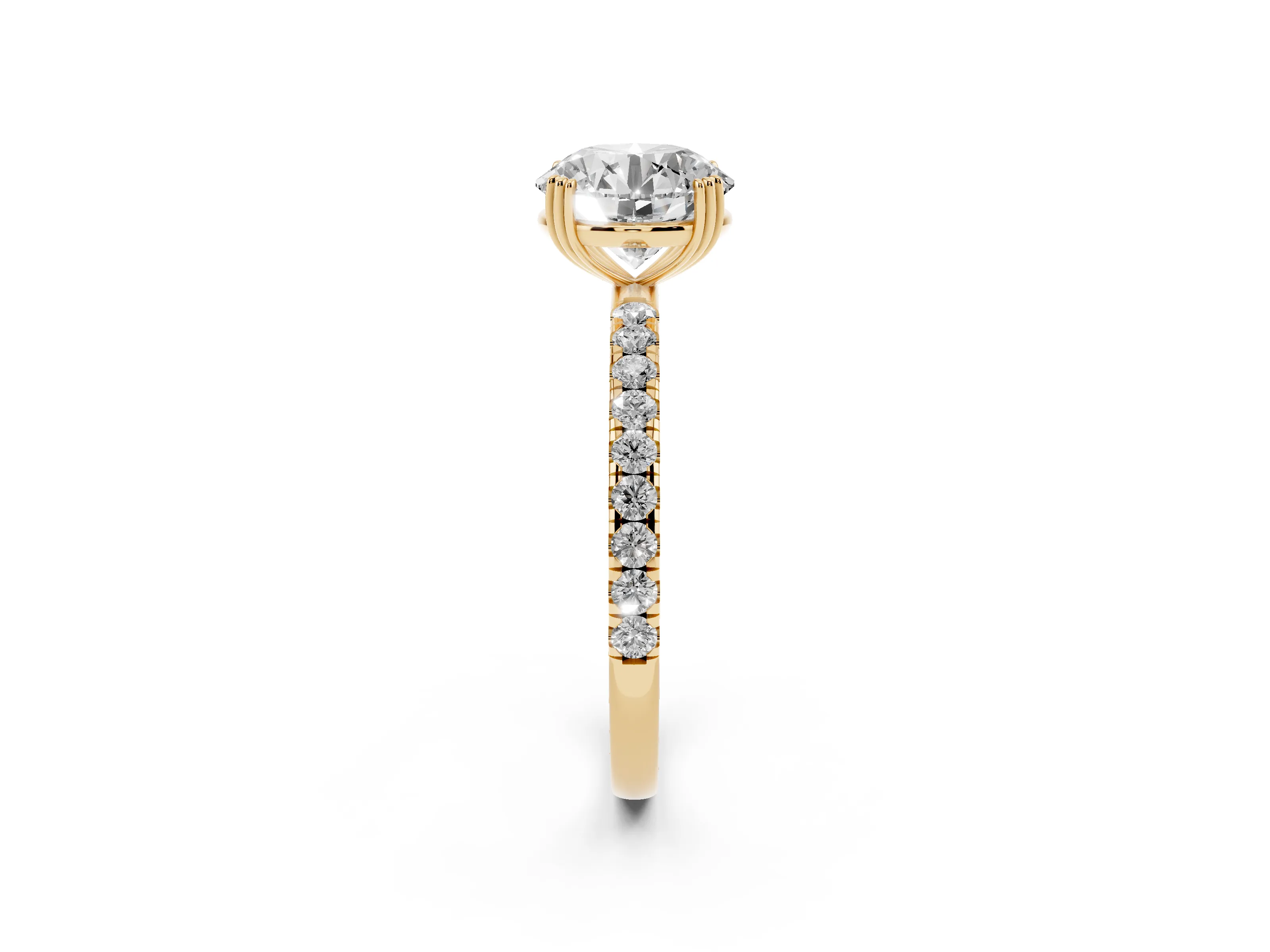 Round Cut Diamond Brilliant Solitaire Set in Yellow gold with Pavé Band and Claw Prong Setting