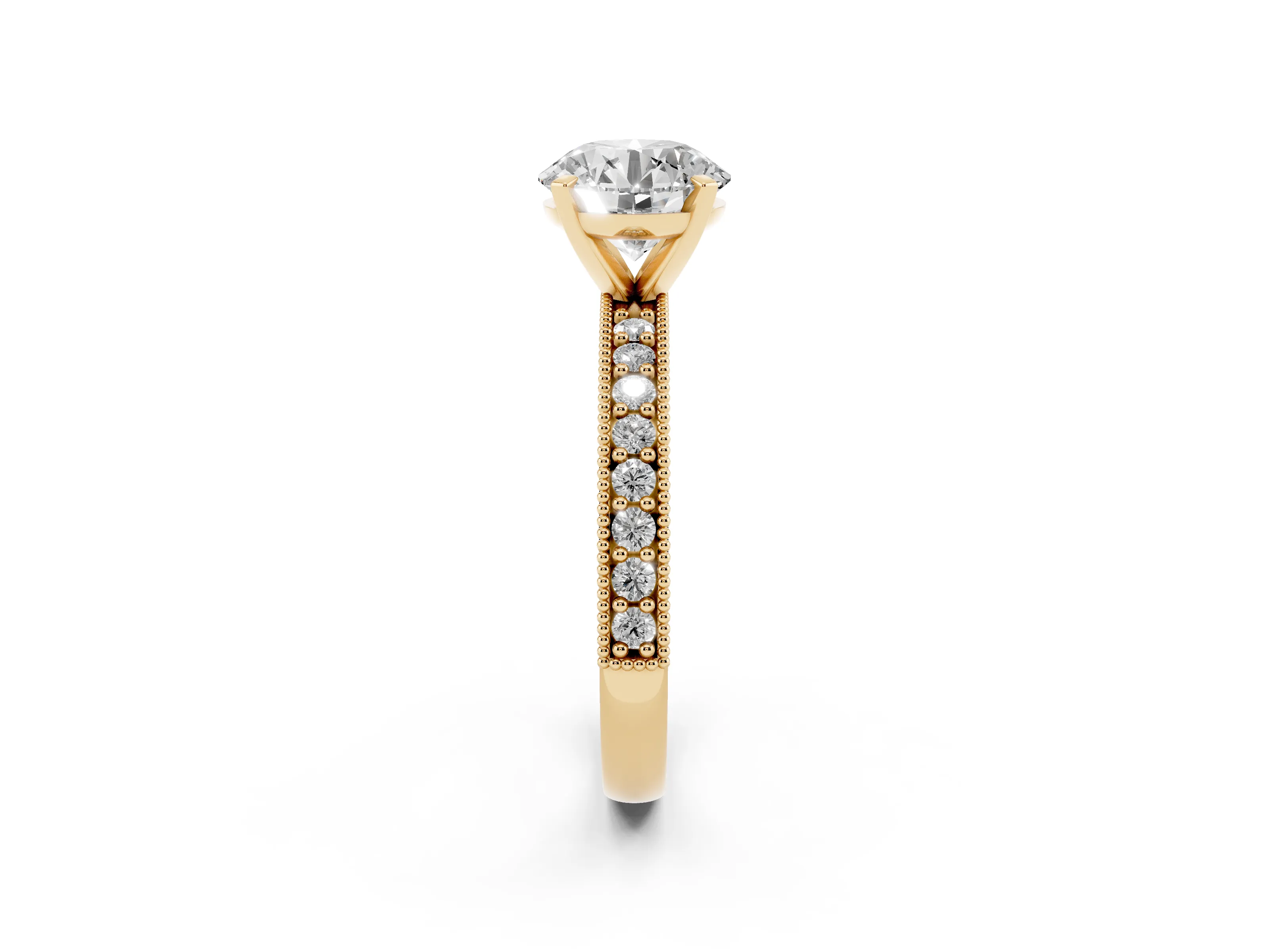 Round Cut Diamond Milgrain Pavé Engagement Ring Set in Yellow gold with Prong Setting